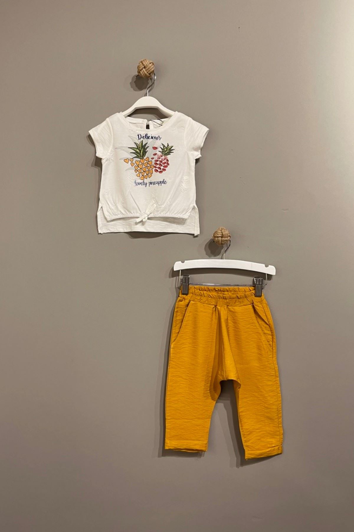 Ananas Desenli Kız Bebek Pantolonlu Takım- Hardal
