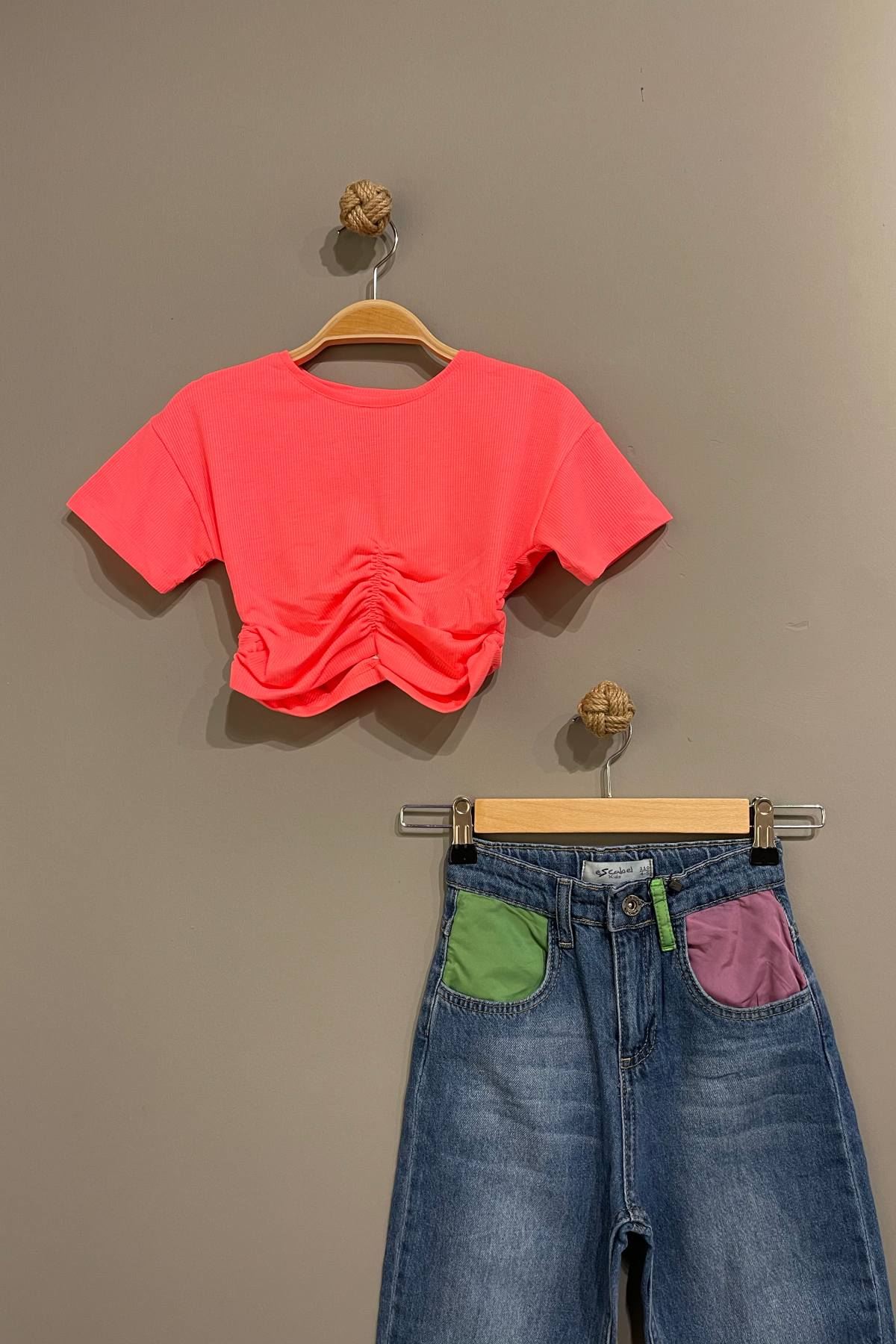 Trend Neon Kot Pantolonlu Takım - Pembe