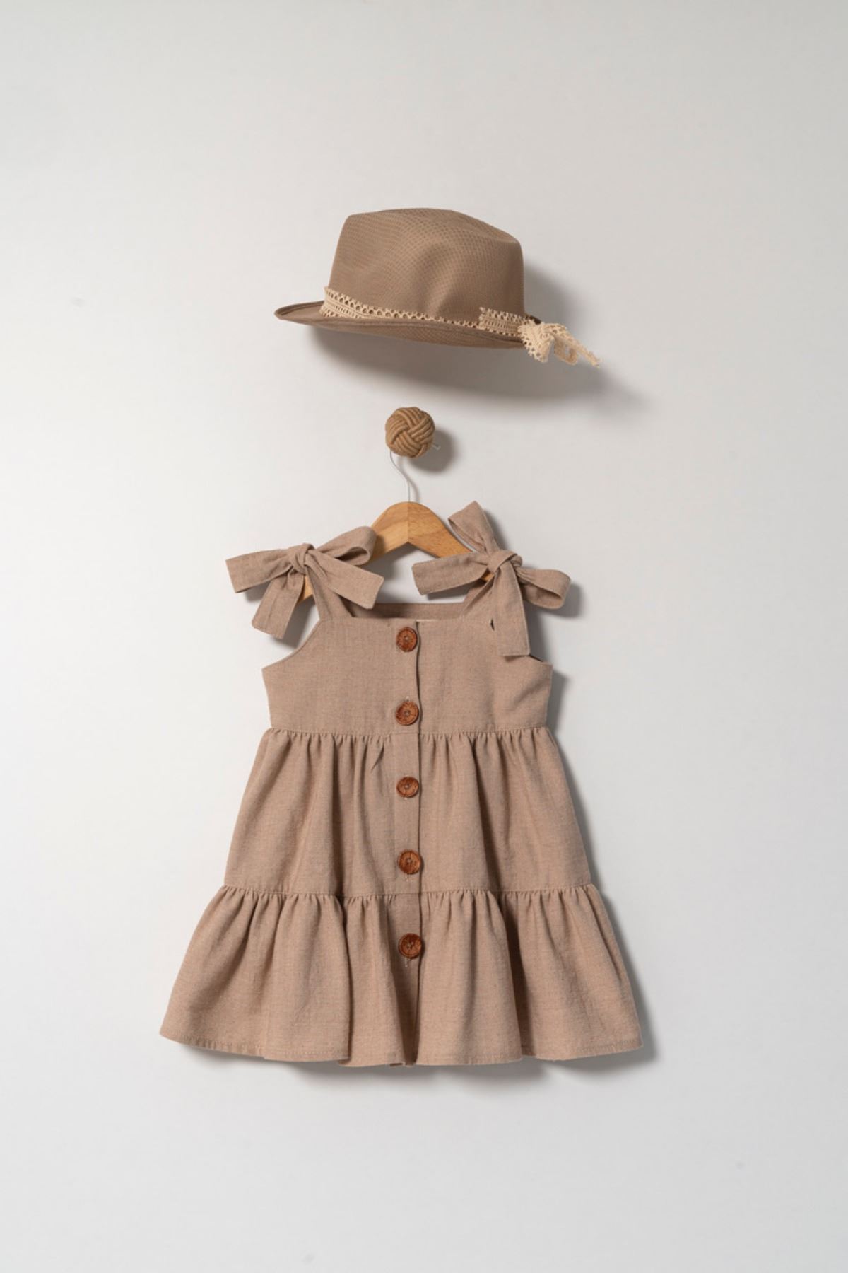  2-5 Yaş Lenora Kız Çocuk Şapkalı Elbise - Bej