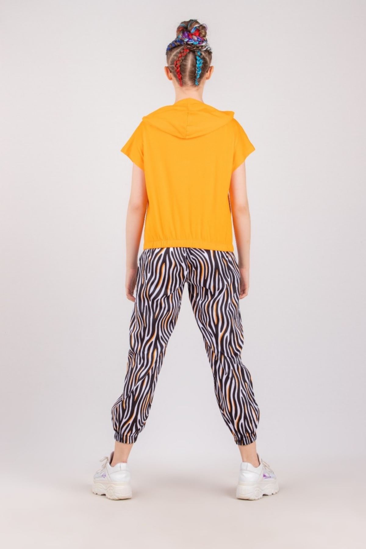 10-15 Yaş Kapüşonlu Zebra Design Kız Çocuk Takım  - Turuncu