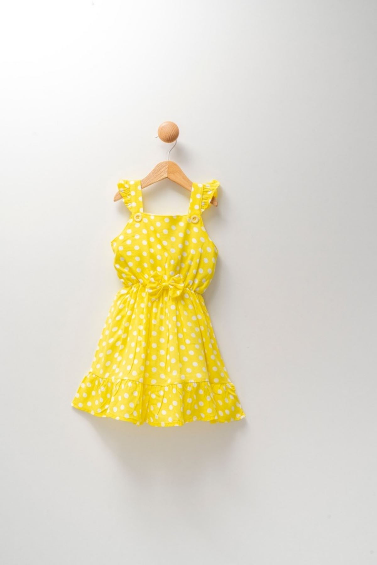 1-5 Yaş Fiyonk Puantiyeli Kız Çocuk Elbise - Sarı