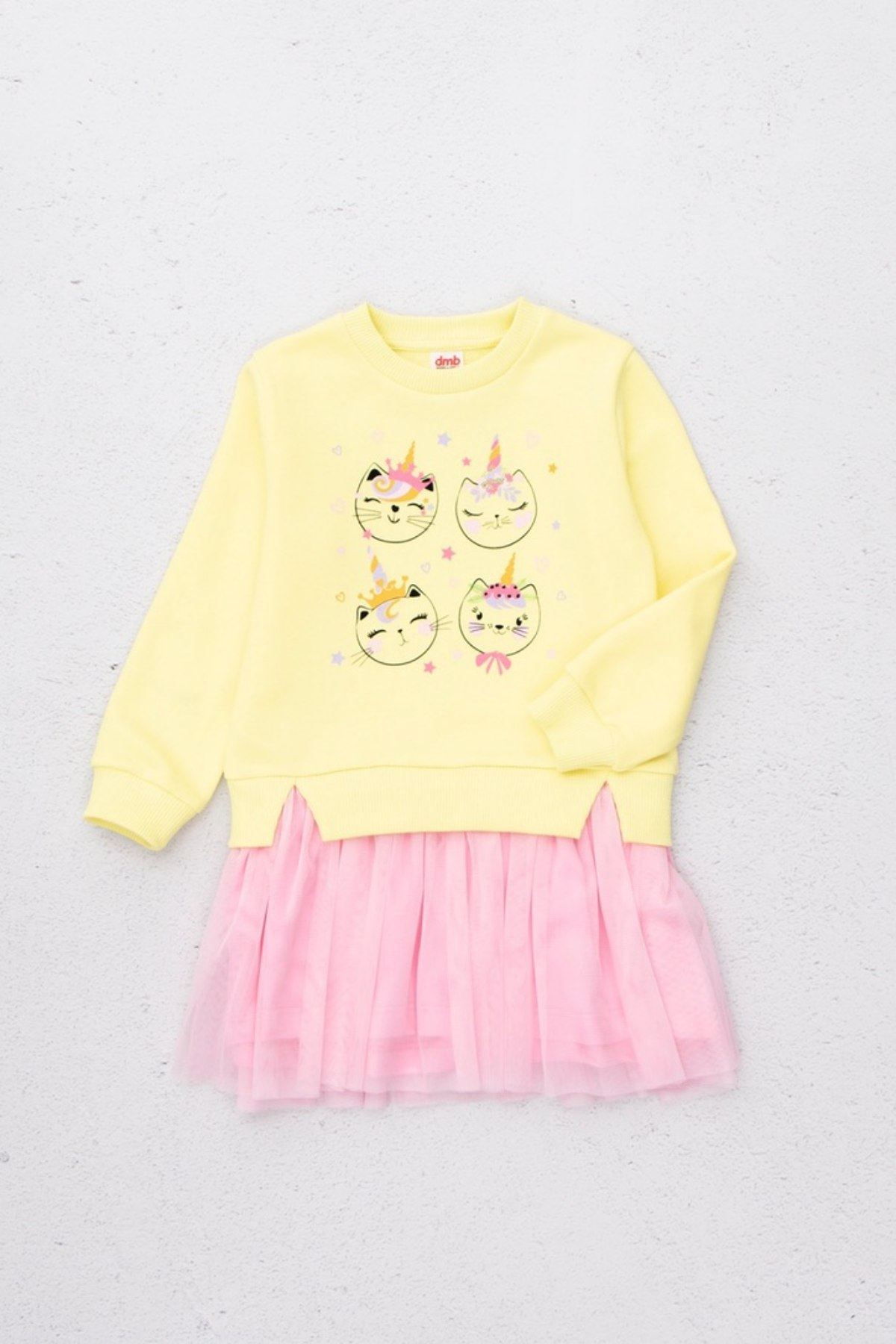 3-8 Yaş Happy Cat Kız Çocuk Sweat Elbise - Sarı