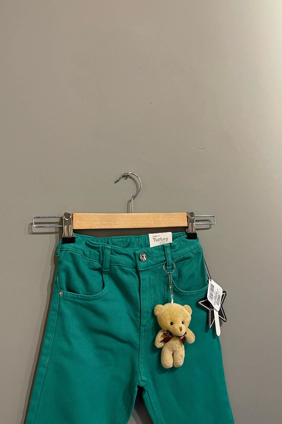 6-11 Yaş Ayıcık Detaylı  Kız Çocuk Pantolon - Yeşil