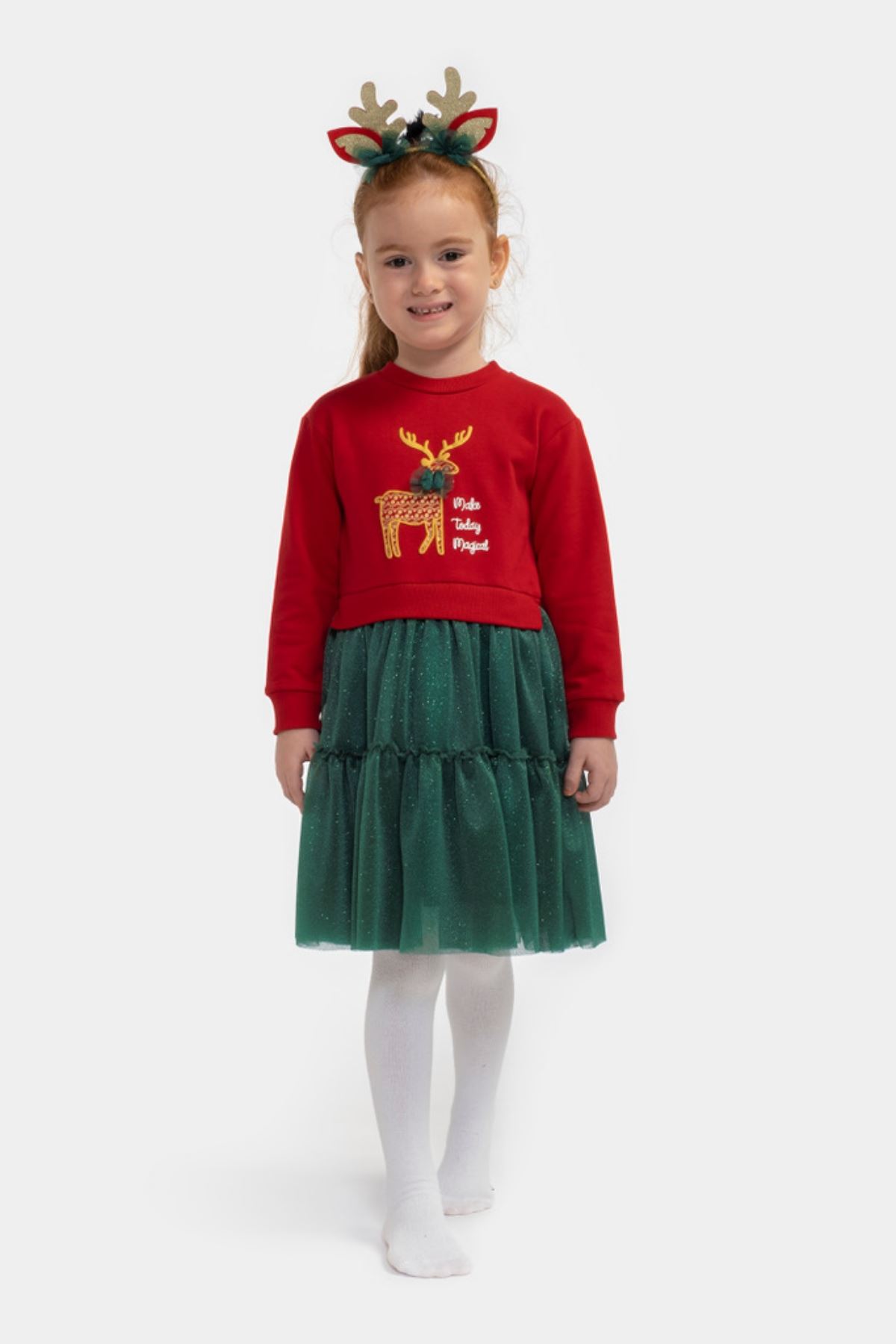 2-5 Yaş Noel Geyik  Kız Çocuk Taçlı Elbise - Kırmızı