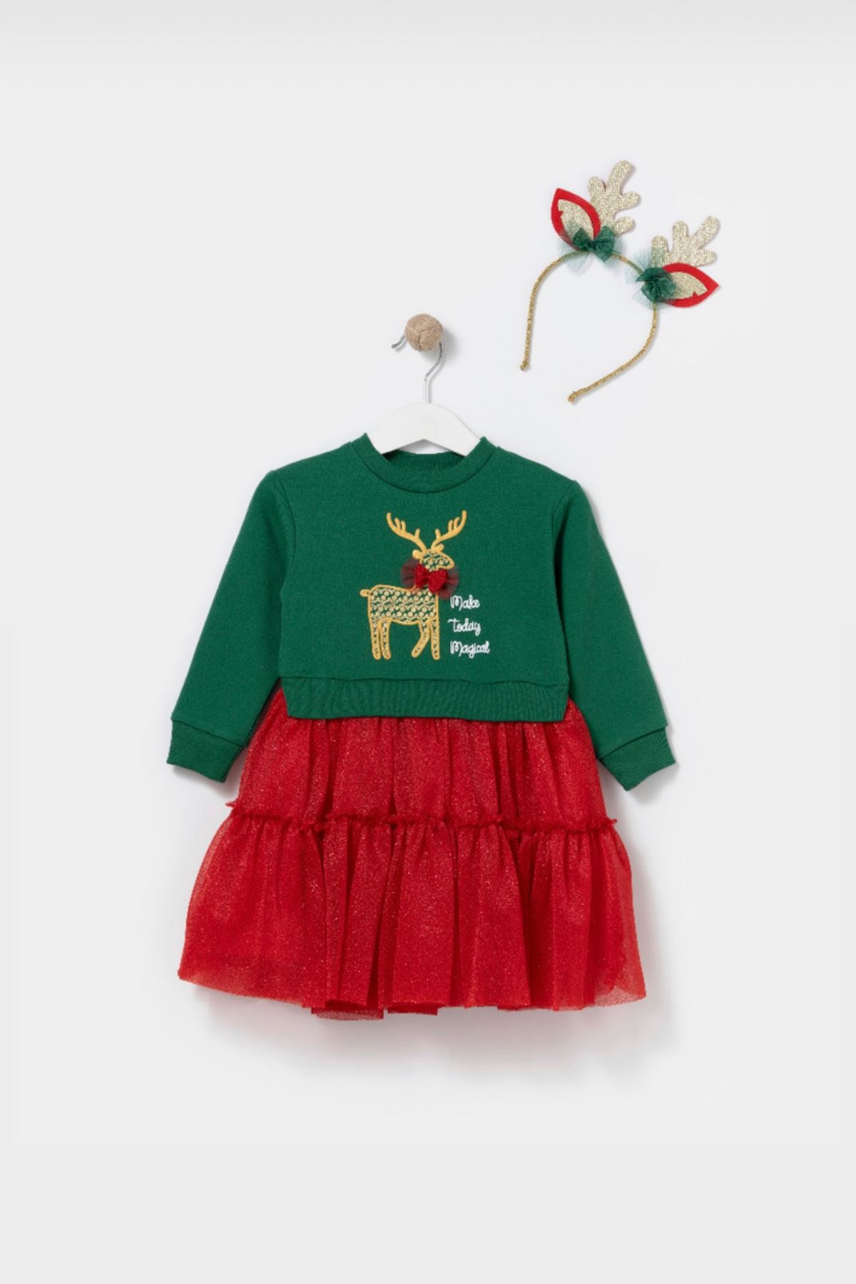 2-5 Yaş Noel Geyik  Kız Çocuk Taçlı Elbise - Yeşil