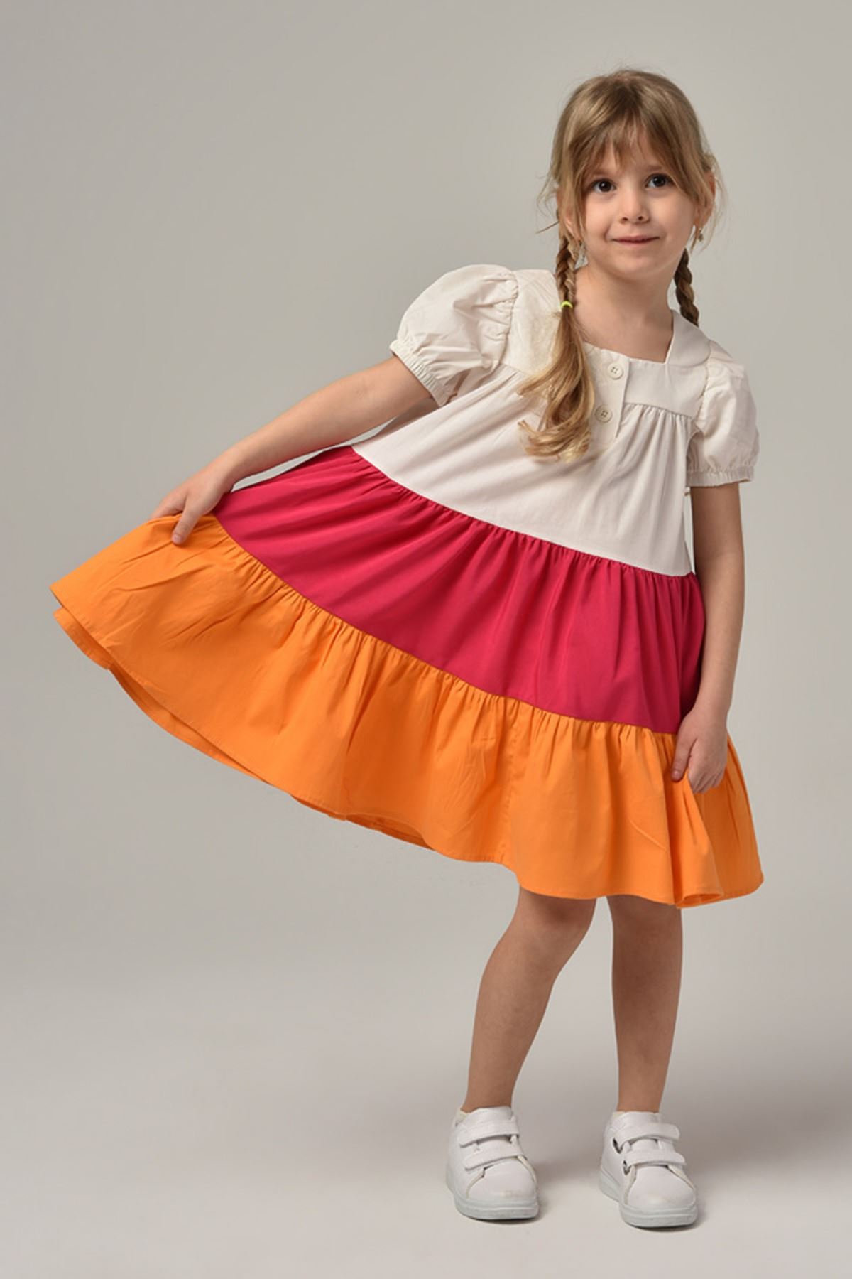 3-8 Yaş Renk Bloklu Kız Çocuk Elbise -Ekru