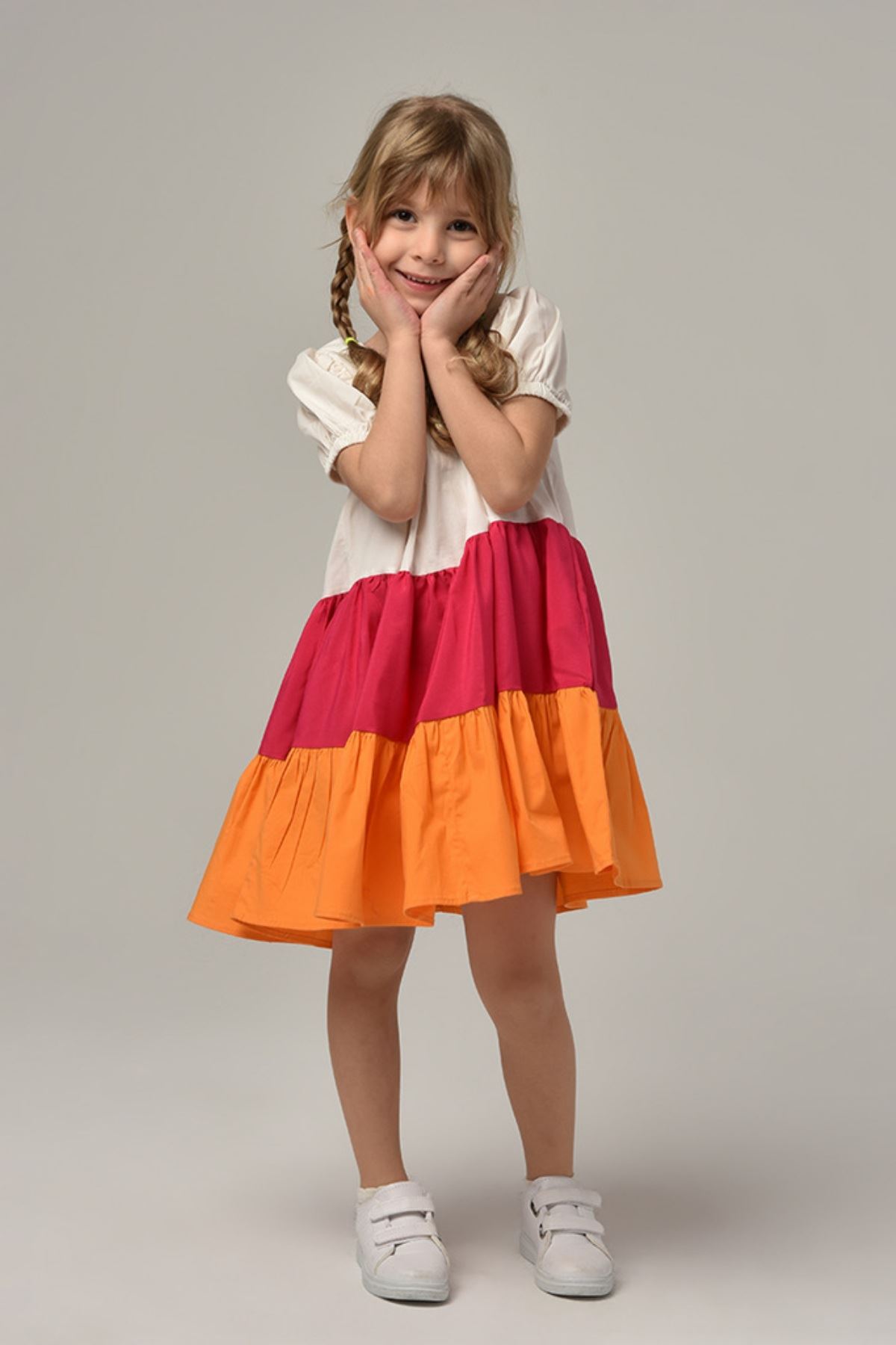 3-8 Yaş Renk Bloklu Kız Çocuk Elbise -Ekru