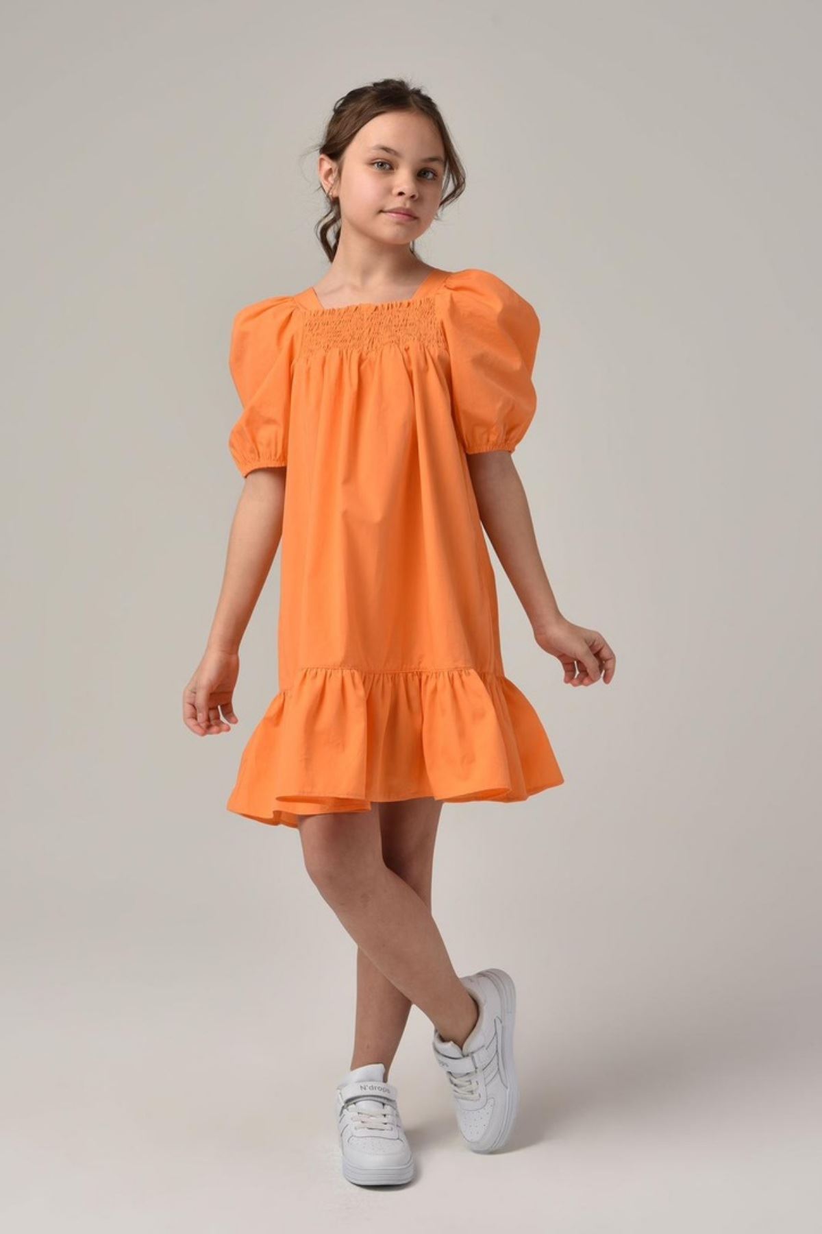 8-14 Yaş Alaçatı Ballon Kız Çocuk Elbise -Oranj