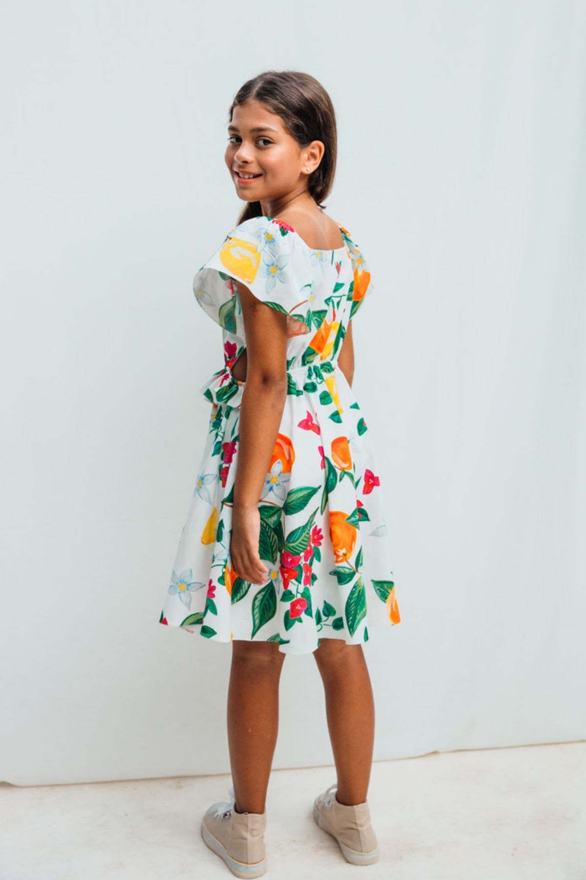 4-12 Yaş Fruit Garden Kız Çocuk Elbise -Ekru