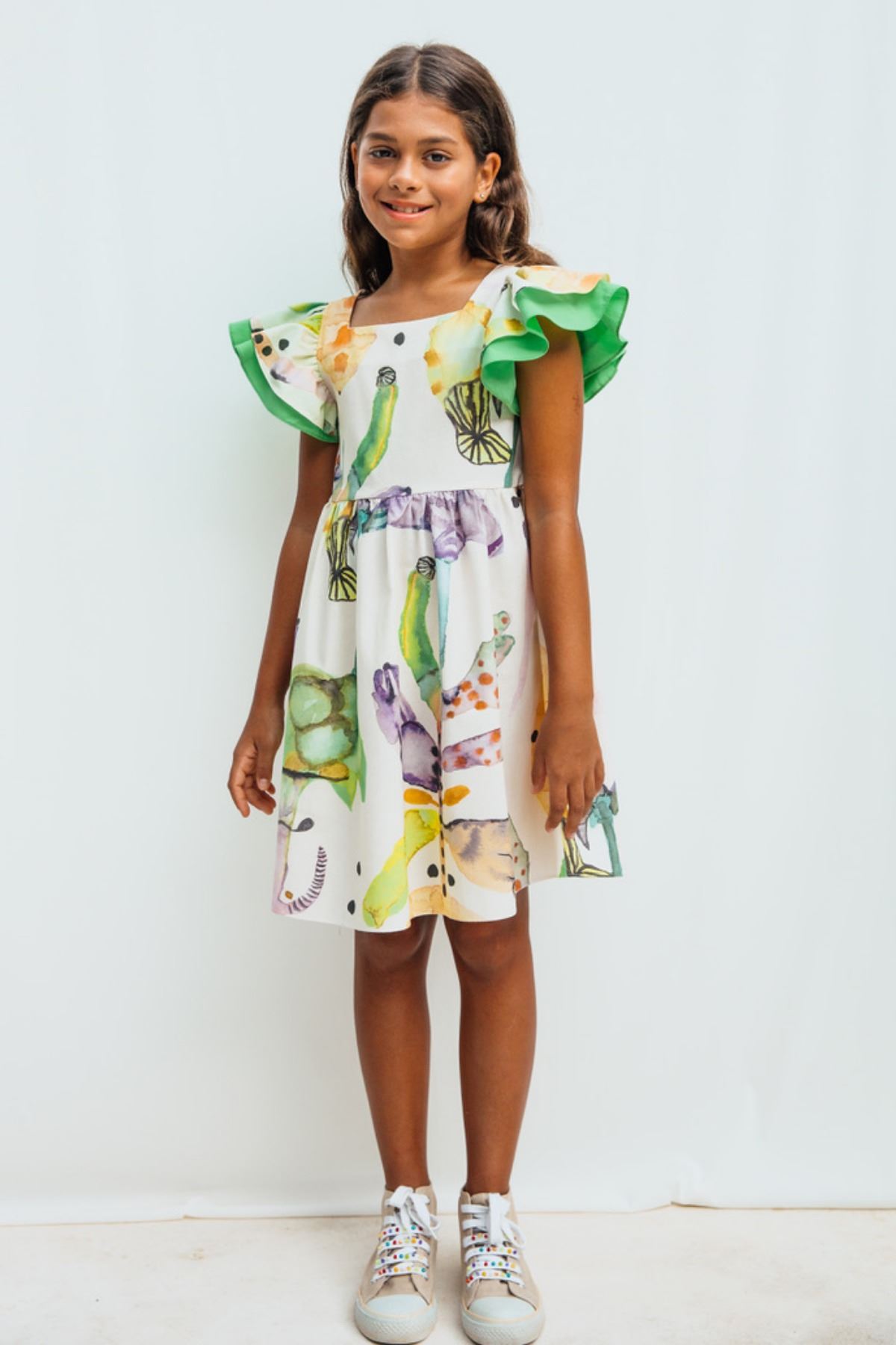 4-12 Yaş Tropical Kız Çocuk Elbise -Krem