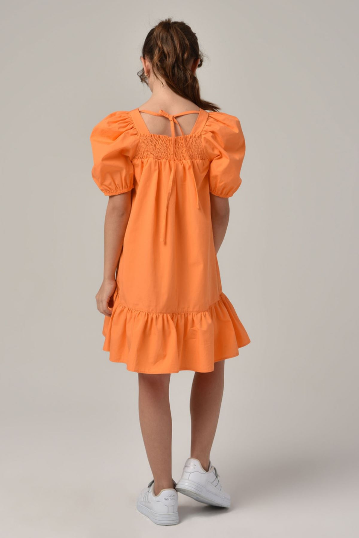 8-14 Yaş Alaçatı Ballon Kız Çocuk Elbise -Oranj