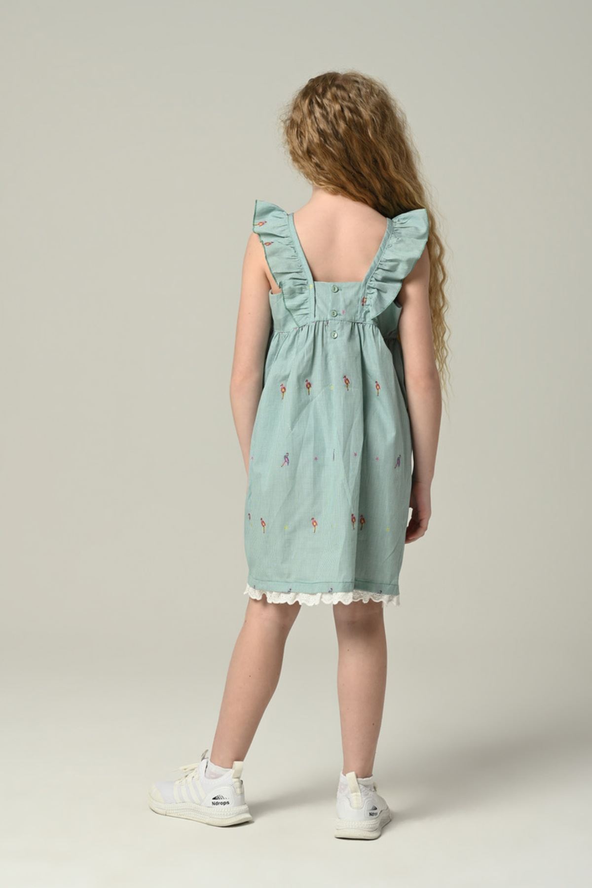3-8 Yaş Flamingo Cotton Kız Çocuk Elbise -Yeşil