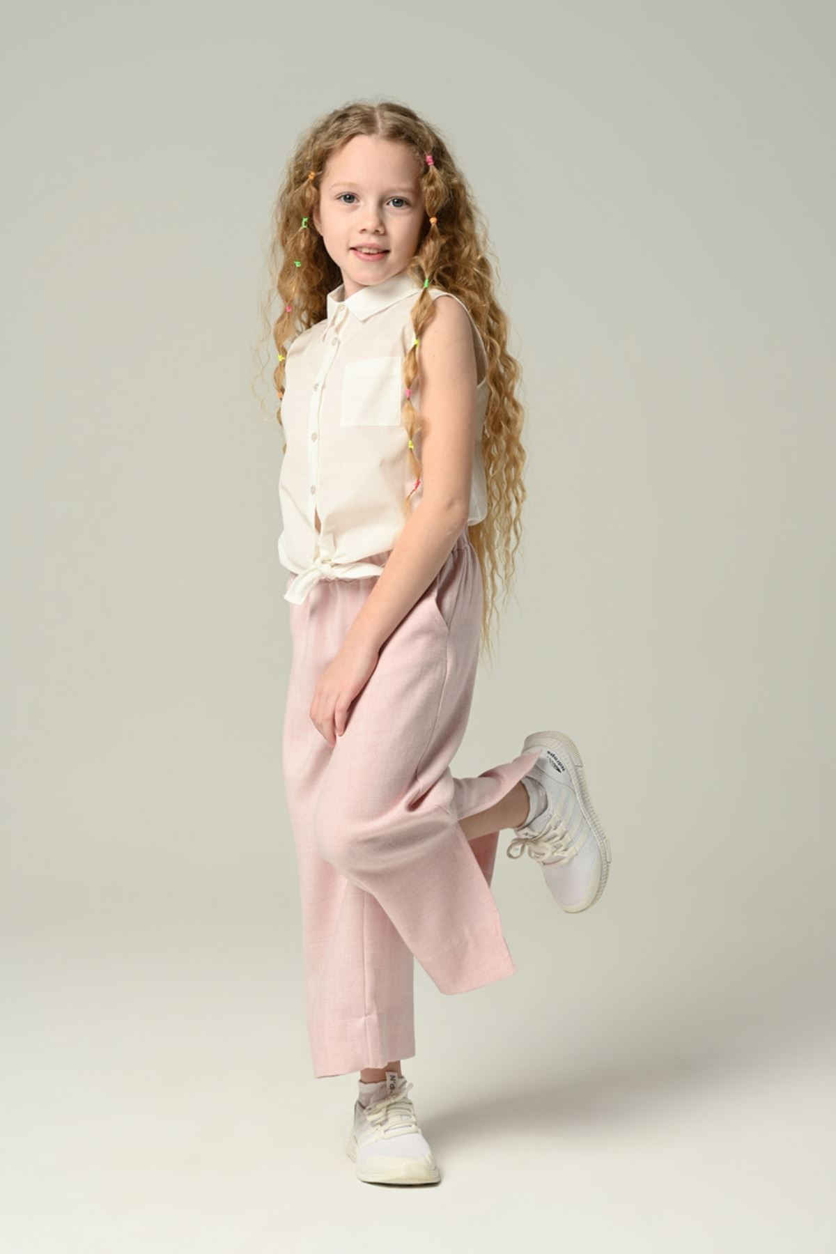 3-8 Yaş Moderno Stil Kız Çocuk Pantolonlu Takım -Ekru