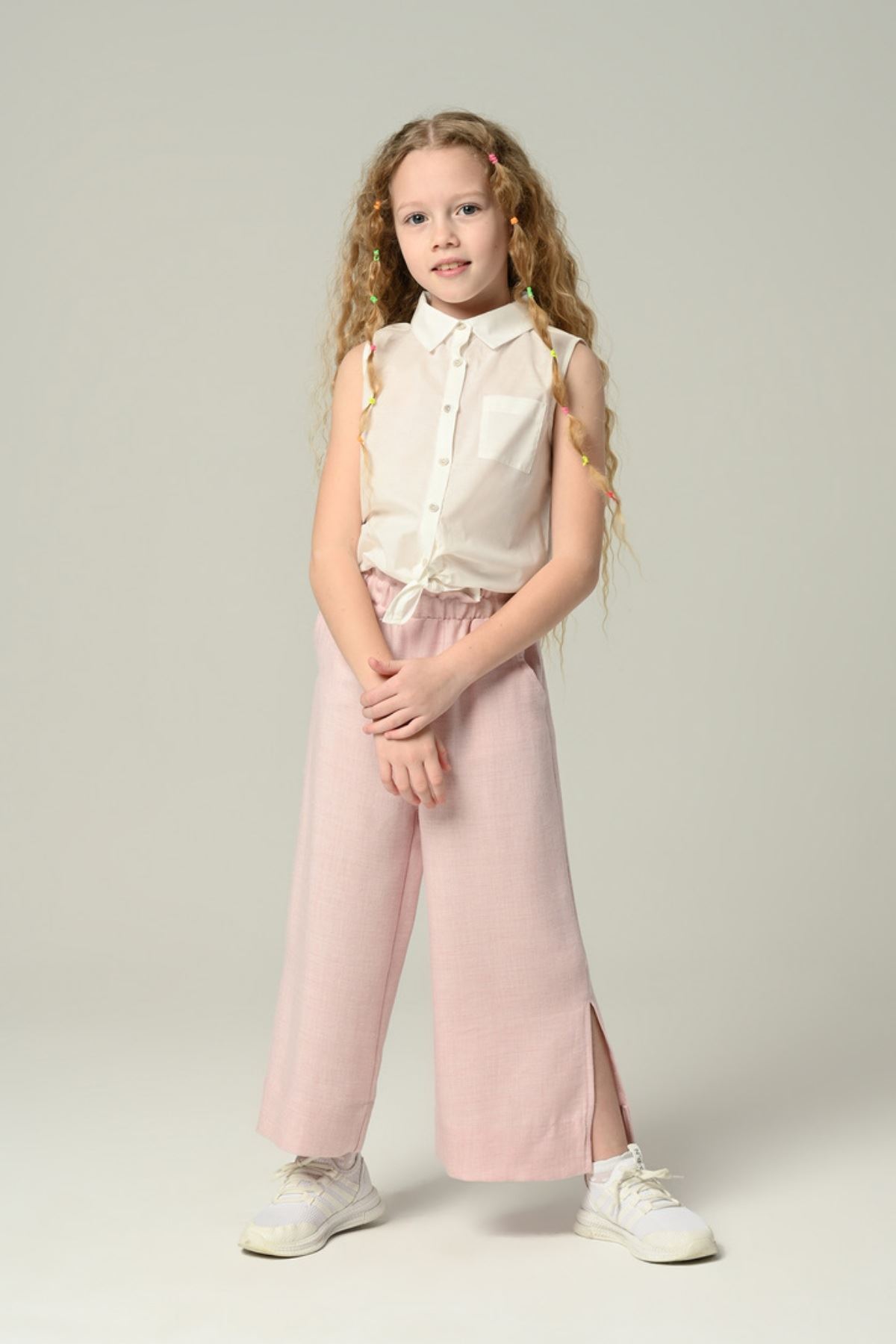 3-8 Yaş Moderno Stil Kız Çocuk Pantolonlu Takım -Ekru