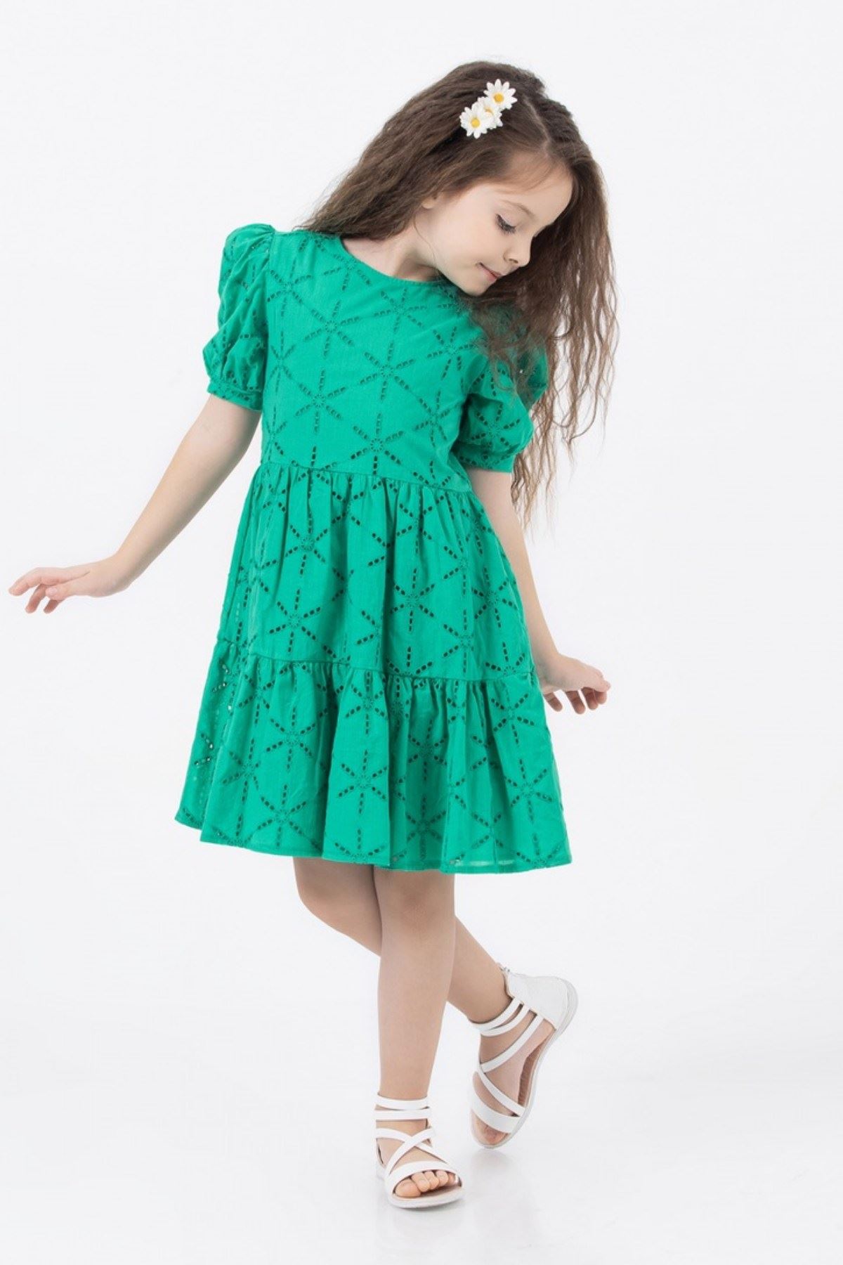 4-9 Yaş Fisto Globo Kız Çocuk Elbise -Yeşil