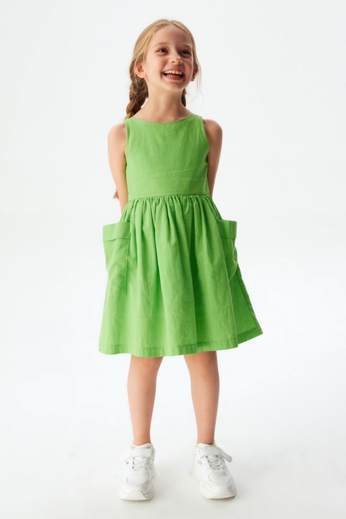 4-8 Yaş Mangrov Mina Kız Çocuk Elbise -Yeşil