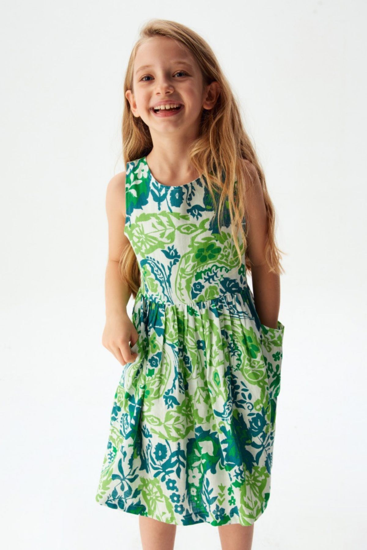 4-8 Yaş Mangrov İndia Kız Çocuk Elbise -Yeşil 