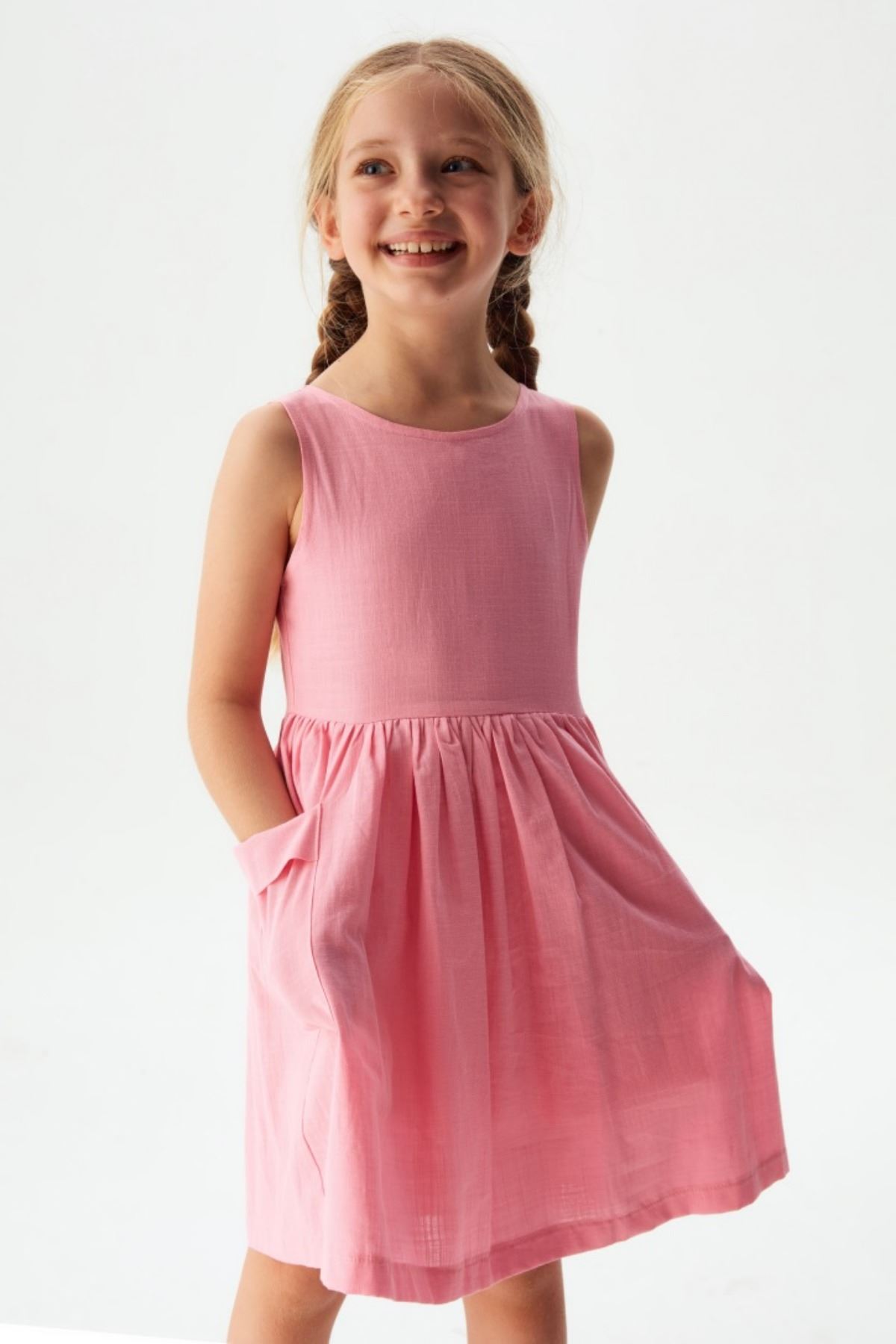 4-8 Yaş Candy Cotton Kız Çocuk Elbise -Pembe