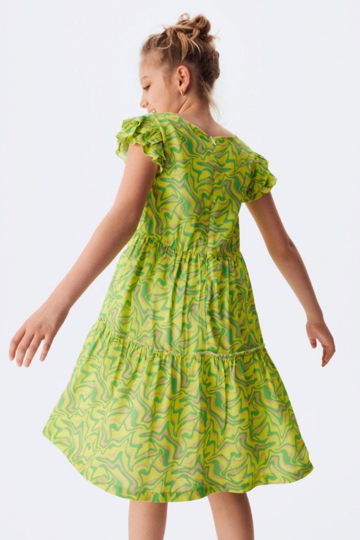 8-14 Yaş Adı Şahane Kız Çocuk Elbise- Yağ Yeşili