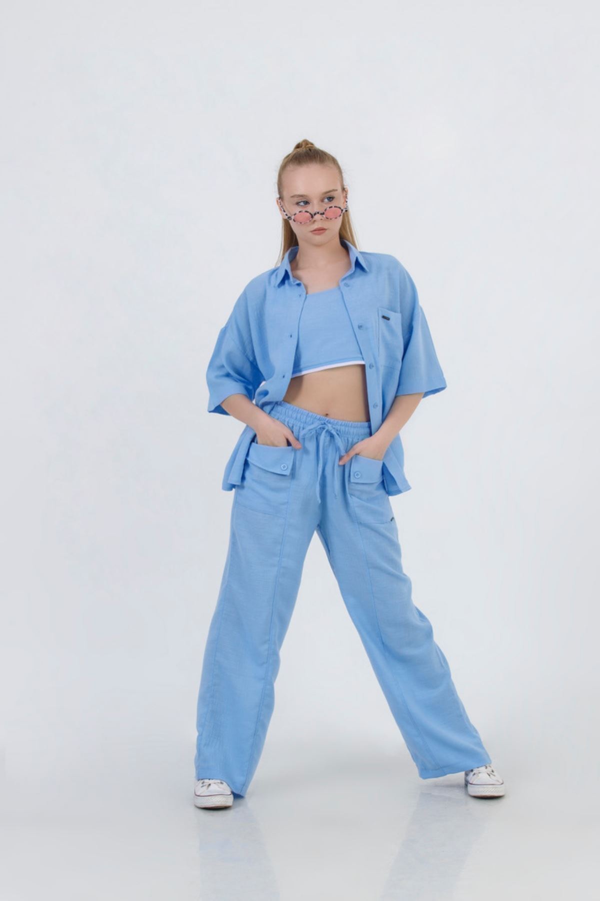 9-15 Yaş Miami Fashion Kız Çocuk Pantolonlu Takım -Bebe Mavisi