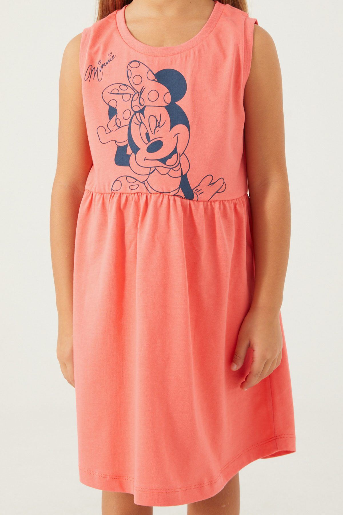 3-9 Yaş Lisanslı Minnie Mouse Kız Çocuk Elbise -Mercan