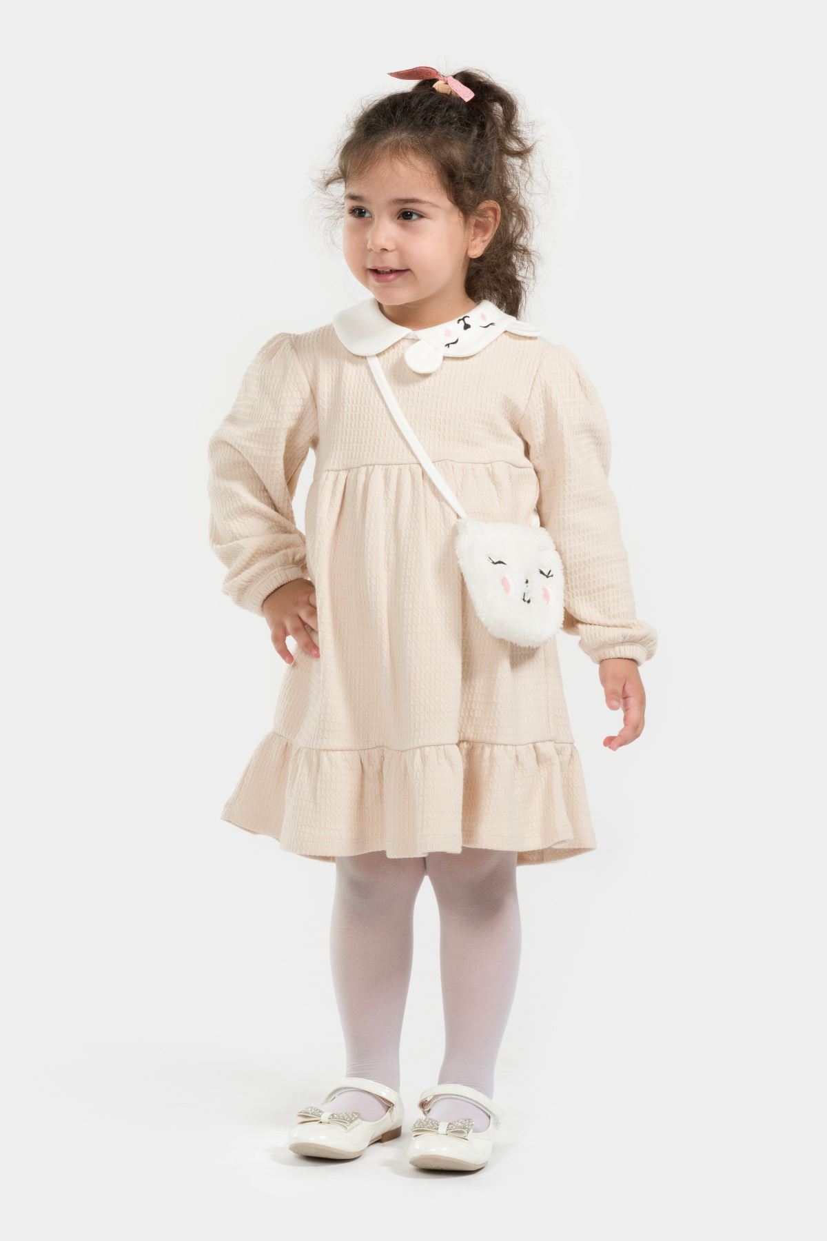 1-4 Yaş Happycad Kız Çocuk Çantalı Elbise -Latte