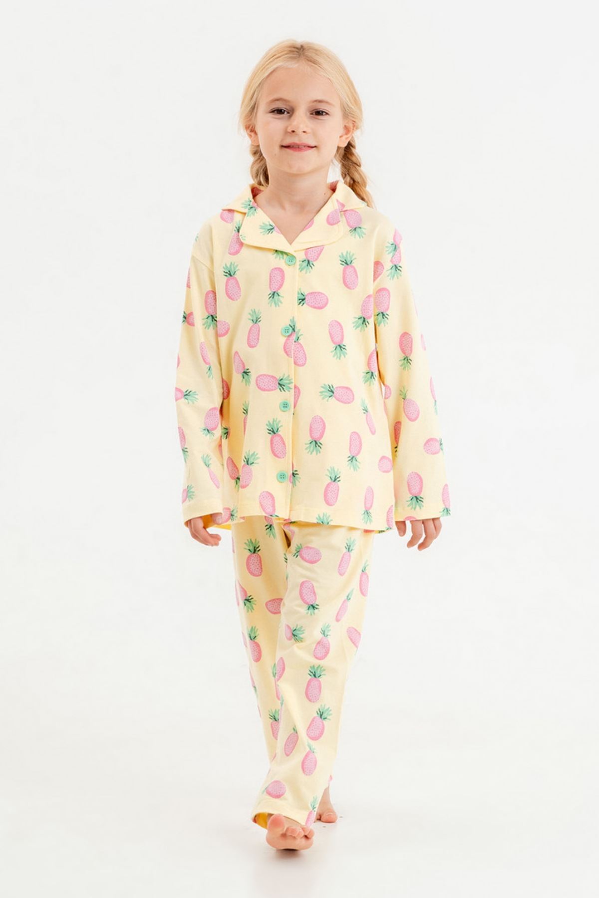 6-9 Yaş Pembe Ananas Kız Çocuk Pijama Takım -Sarı