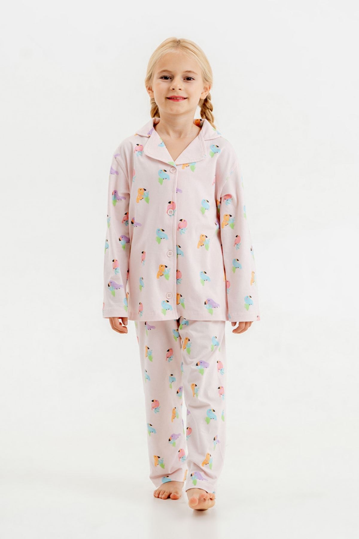 6-9 Yaş Papağan Kız Çocuk Pijama Takım -Pembe