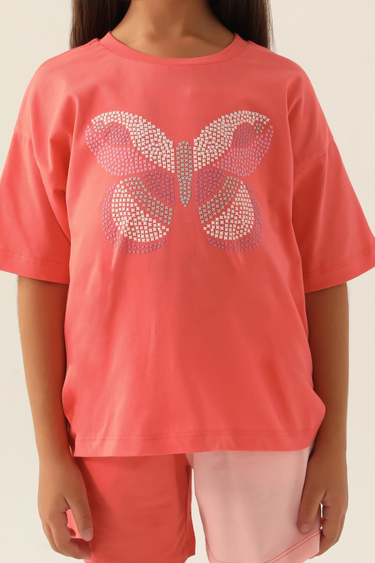 2-15 Yaş Butterfly Kız Çocuk Şortlu Takım -Mercan