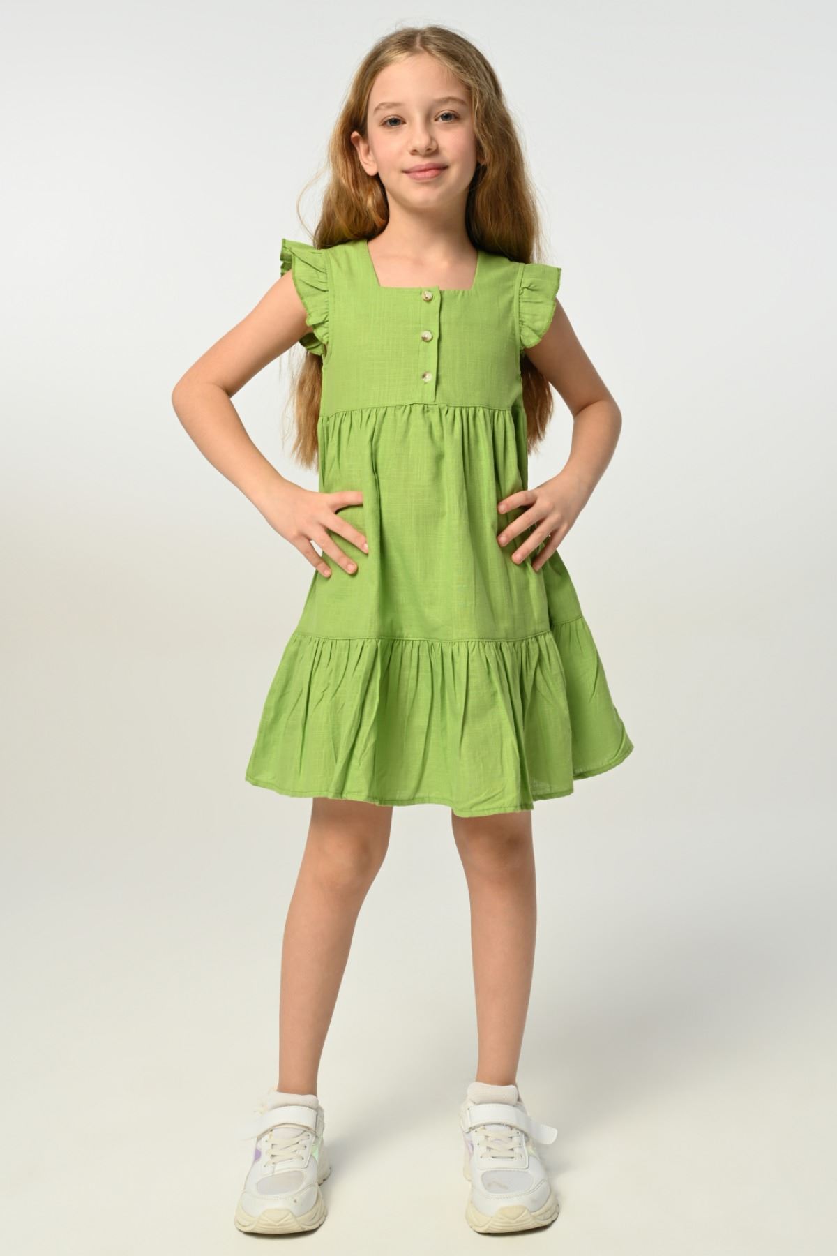 3-8 Yaş Green Garden Kız Çocuk Elbise -Yeşil