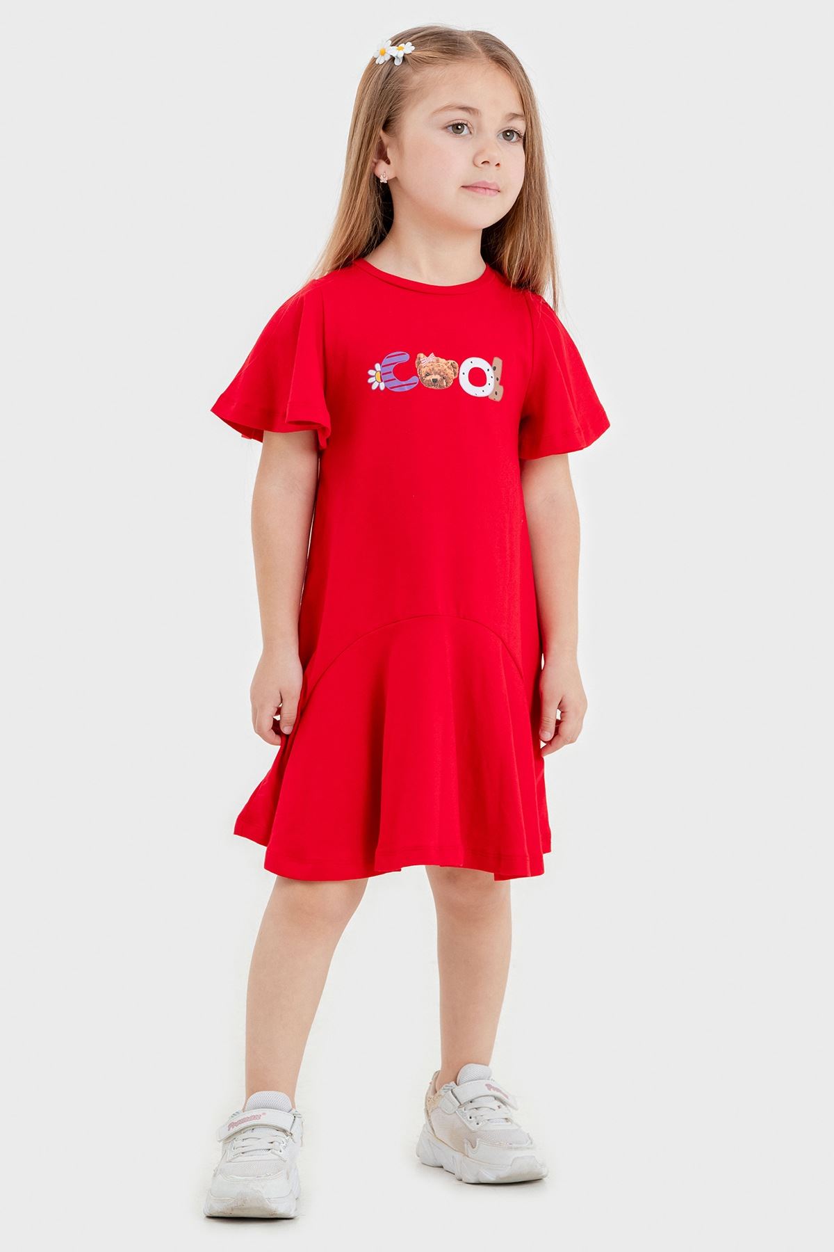 2-5 Yaş Cool Bear Kız Çocuk Elbise -Kırmızı