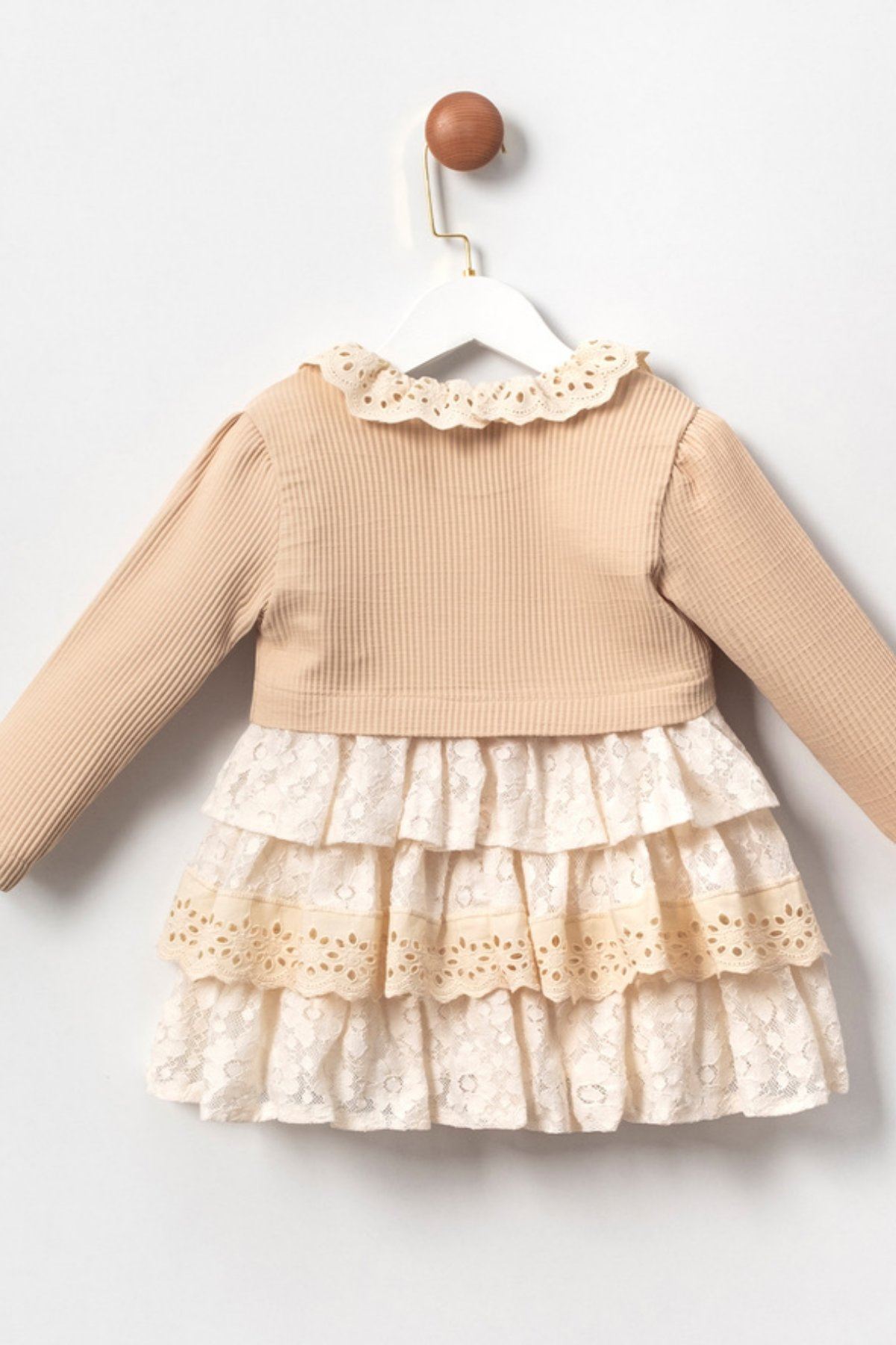 2-5 Yaş Premium Cotton Kız Çocuk Elbise Takım -Latte