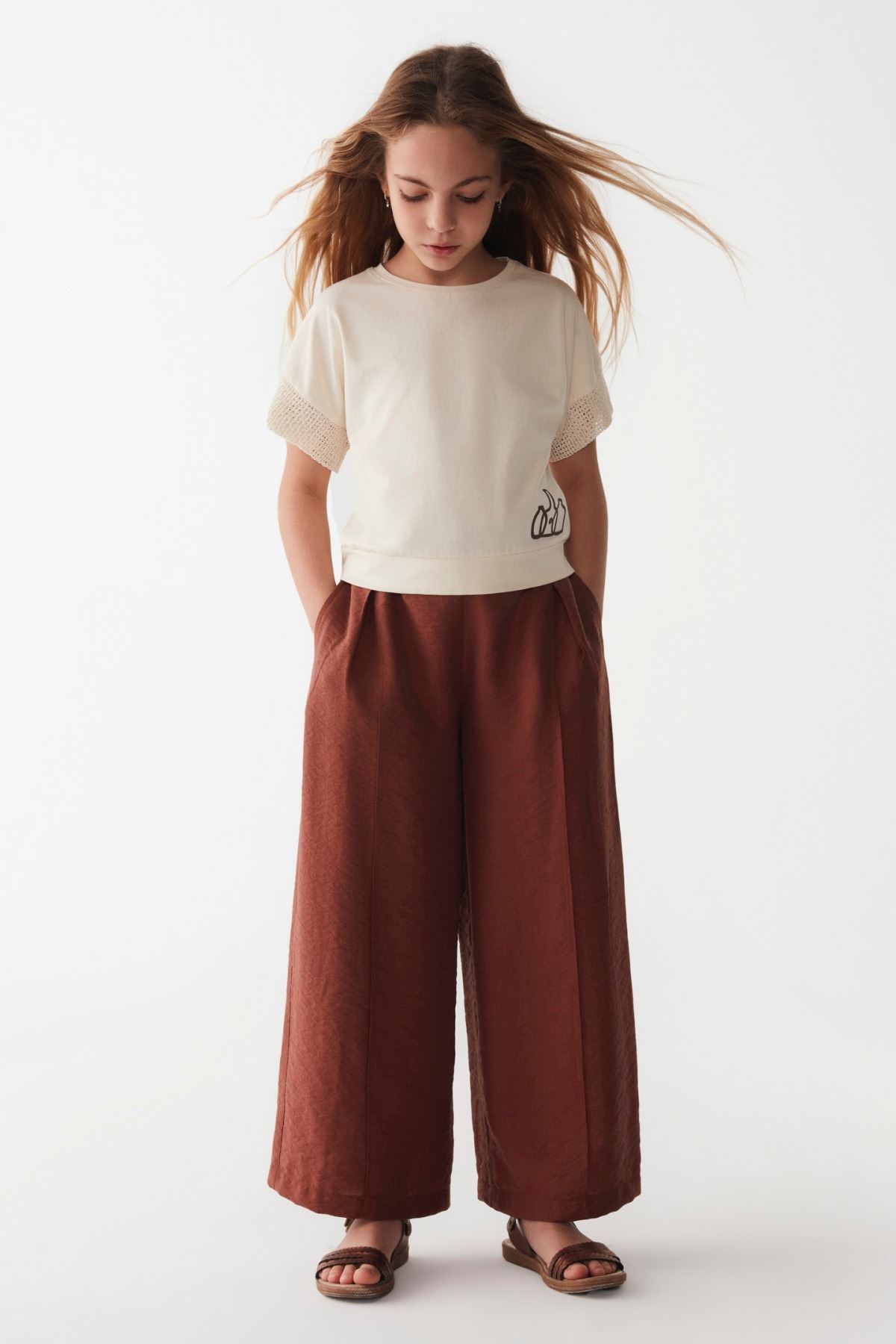 8-14 Yaş Terracotta Kız Çocuk Pantolonlu Takım -Krem