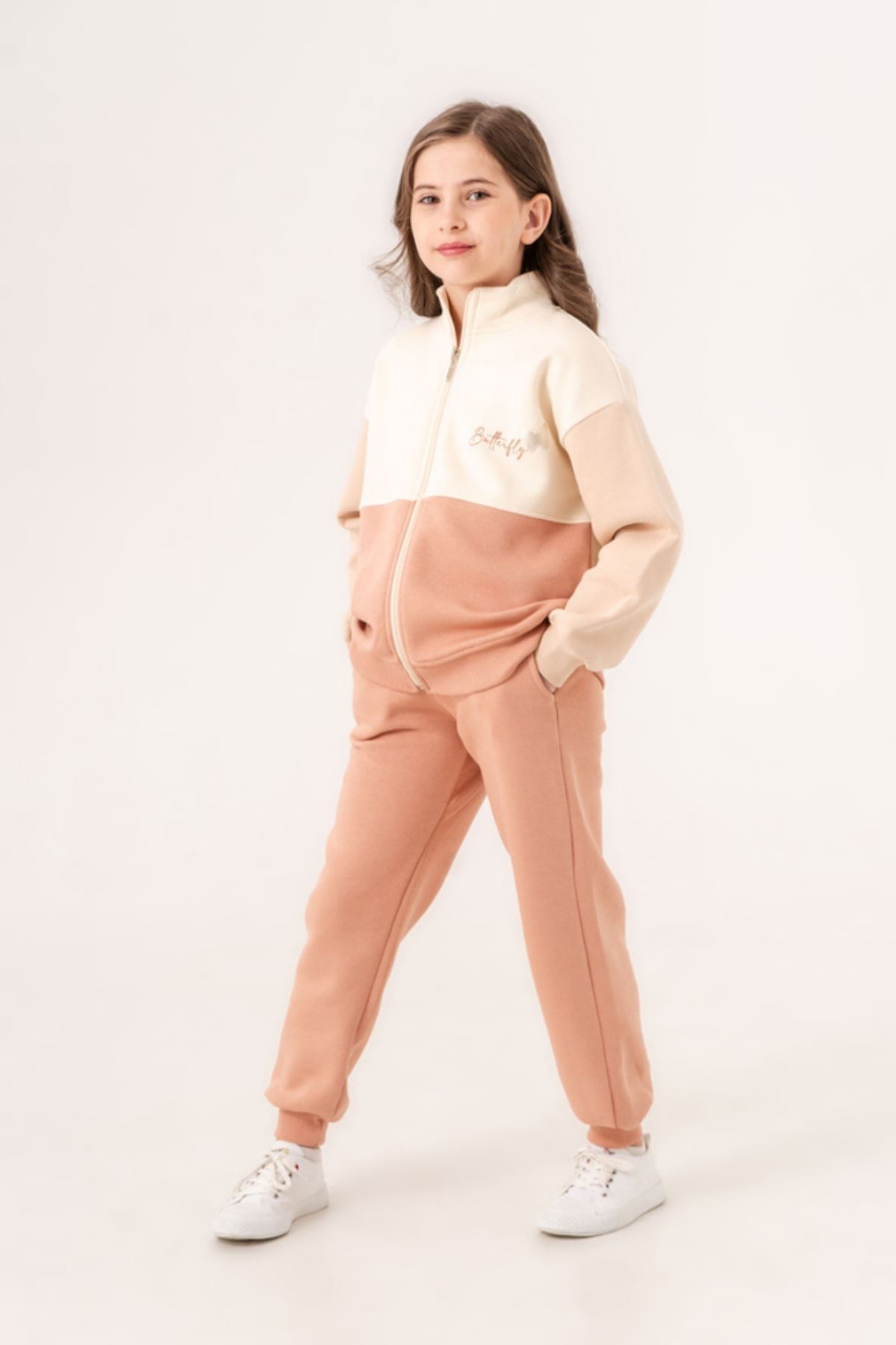 6-9 Yaş Butterfly Kız Çocuk Hırkalı Takım -Açık Kiremit-