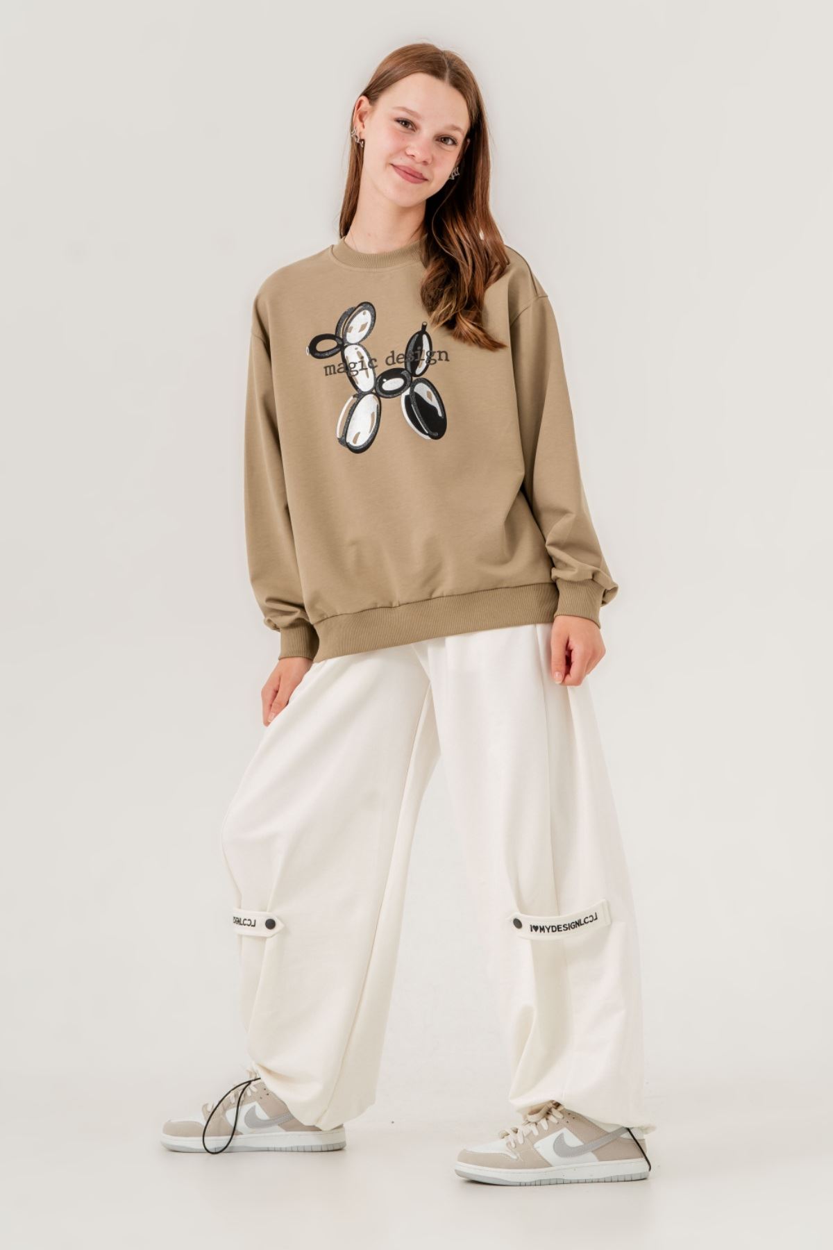 9-15 Yaş Magic Design Kız Çocuk Eşofman Takım -Haki/Ekru-