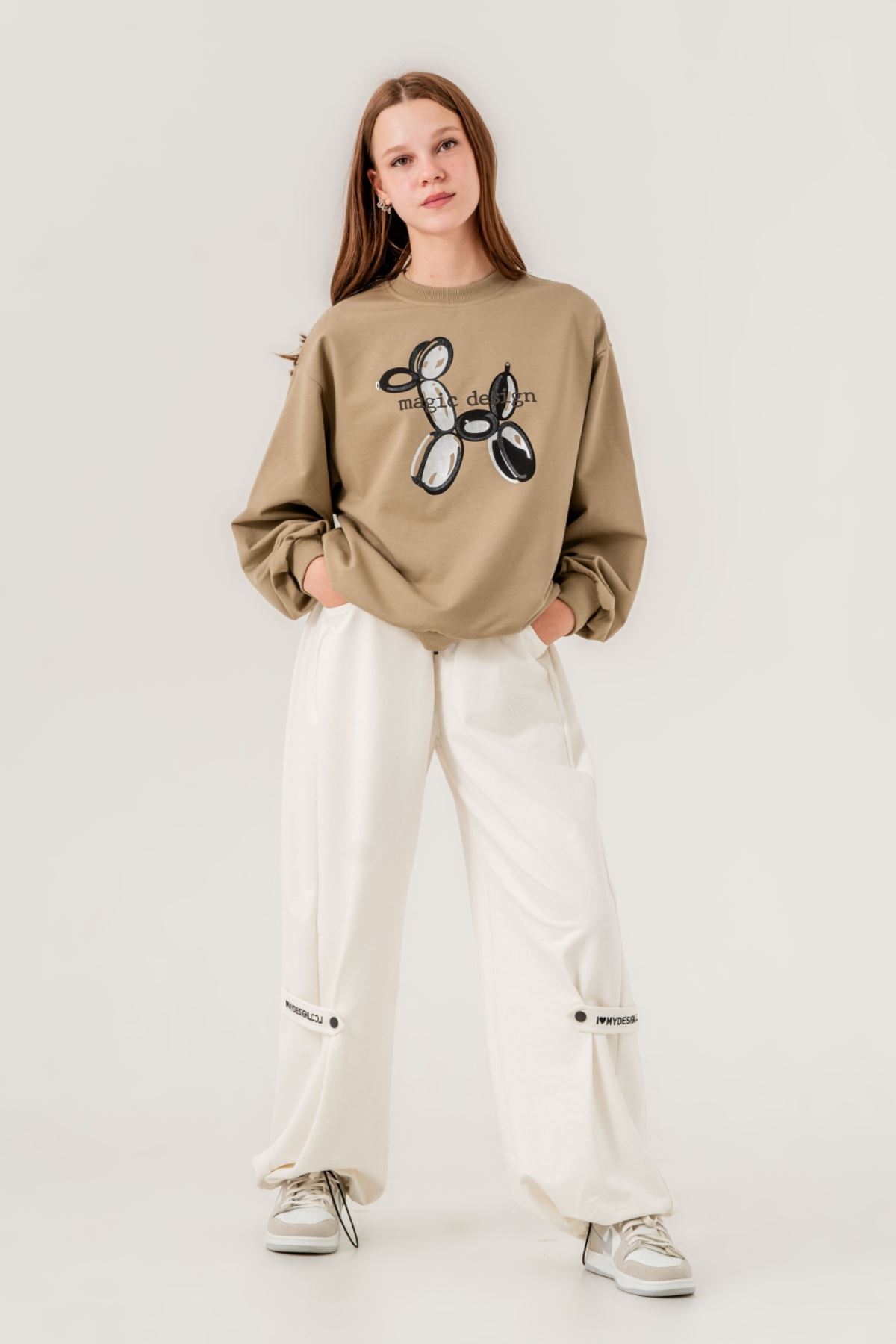 9-15 Yaş Magic Design Kız Çocuk Eşofman Takım -Haki/Ekru-