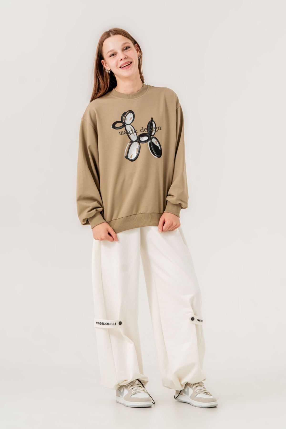 9-15 Yaş Magic Design Kız Çocuk Eşofman Takım -Haki/Ekru-