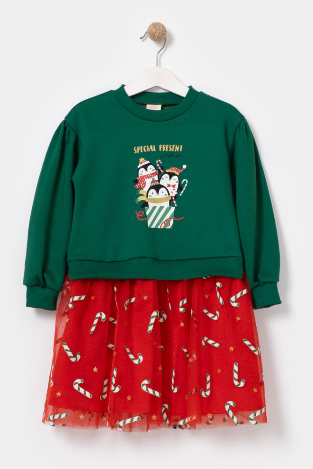 2-5 Yaş Happy New Year Kız Çocuk Sweat Elbise -Yeşil-