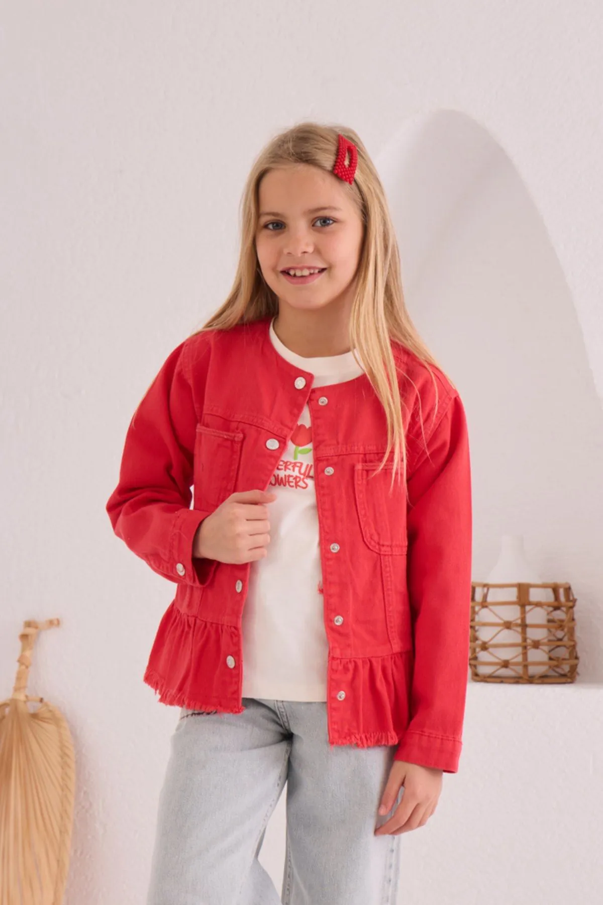 4-8 Yaş Cheerful Flowers Kız Çocuk 3'Lü Takım -Kırmızı-