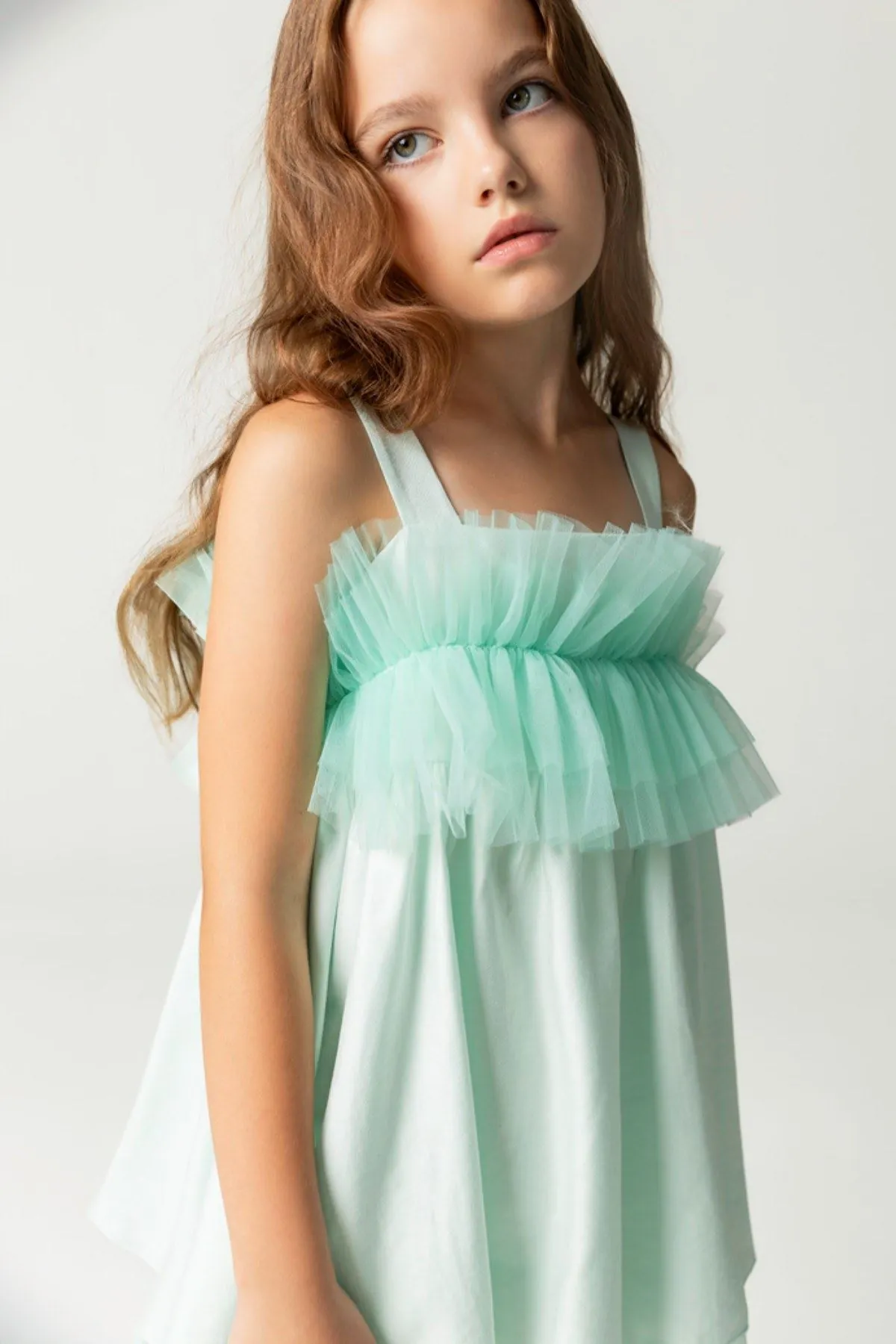 4-12 Yaş Okyanus Designer Kız Çocuk Elbise-Mint Yeşili