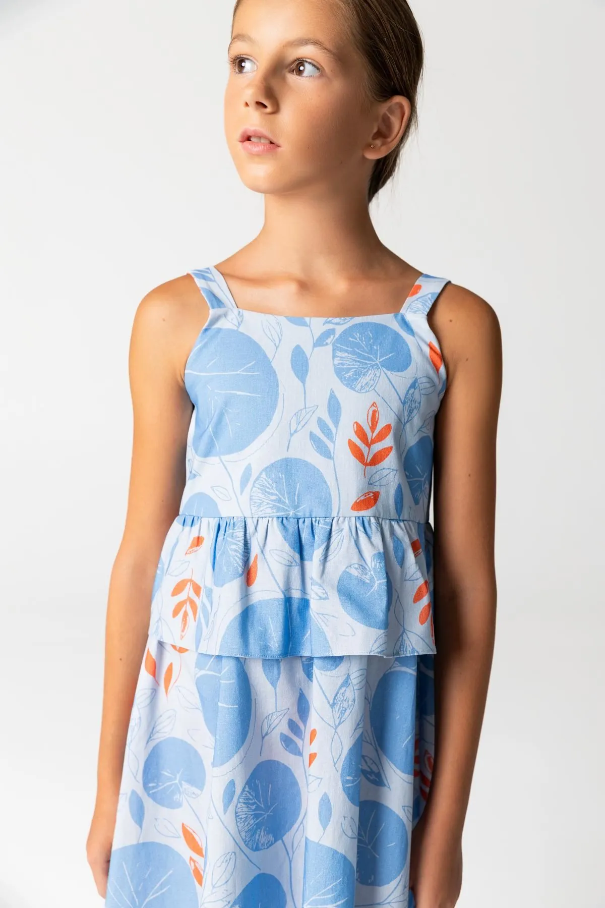 4-12 Yaş Blue Orange Detaling Kız Çocuk Elbise-Mavi