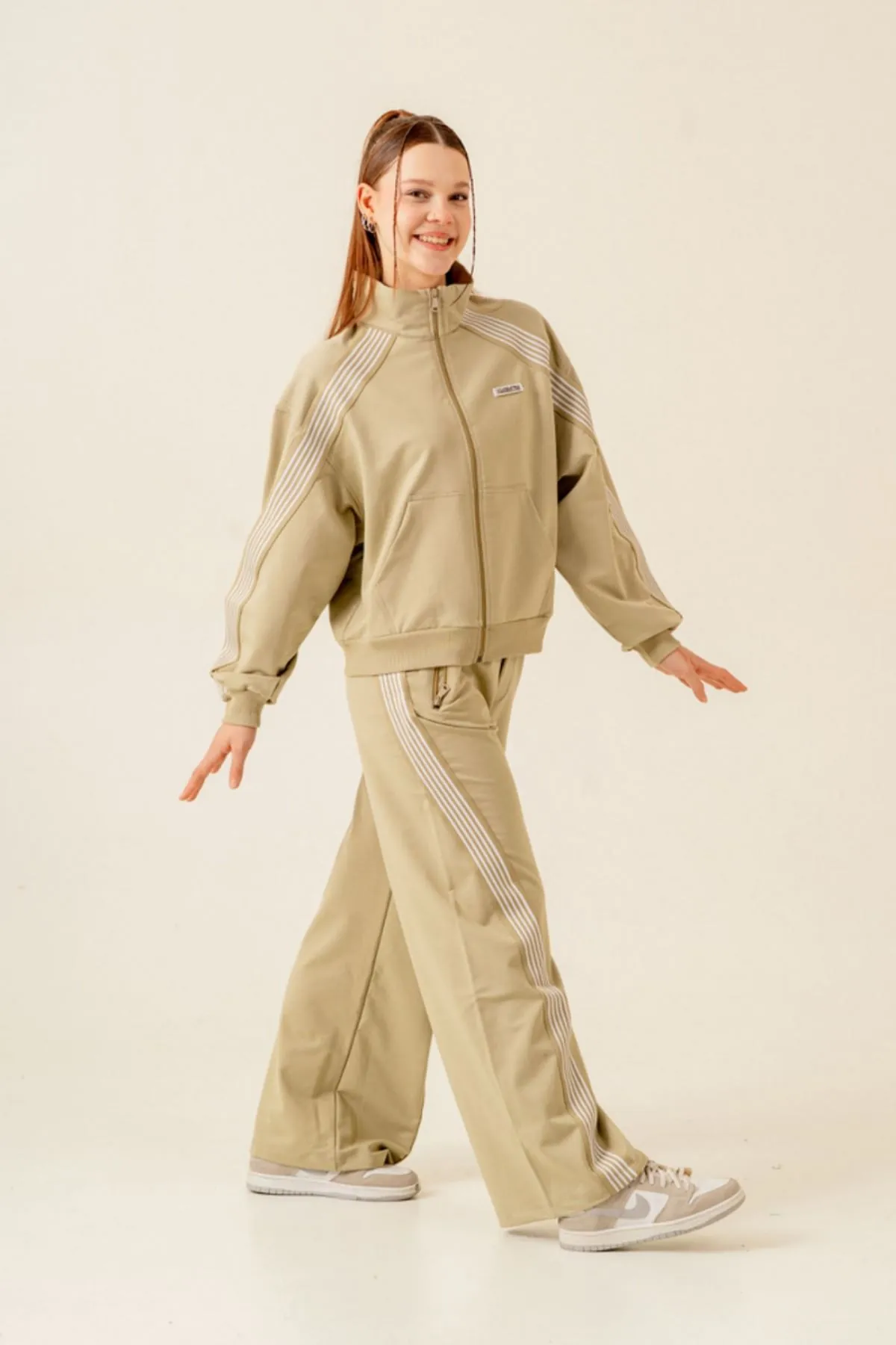 9-15 Yaş Line Modern Design  Kız Çocuk Takım-Haki
