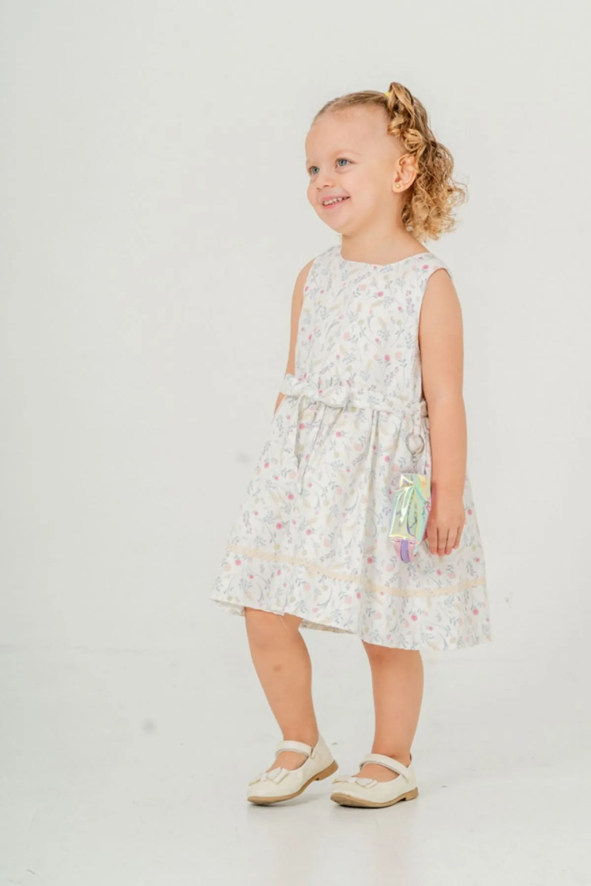2-9 Yaş Flower Rabbit Çantalı Kız Çocuk Elbise-Turkuaz