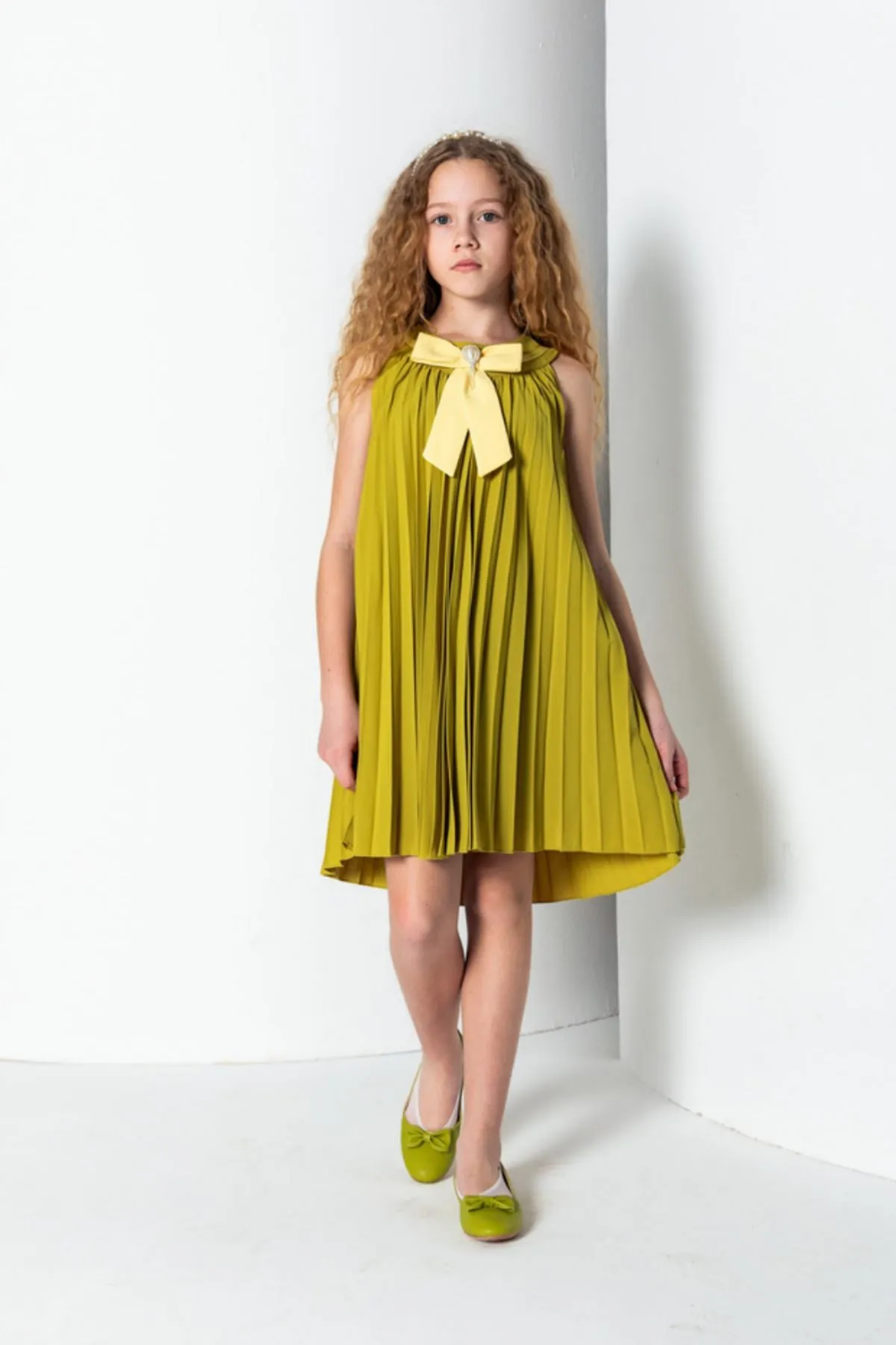 8-15 Yaş Ernest Jile Kız Çocuk Elbise-Yağ Yeşili