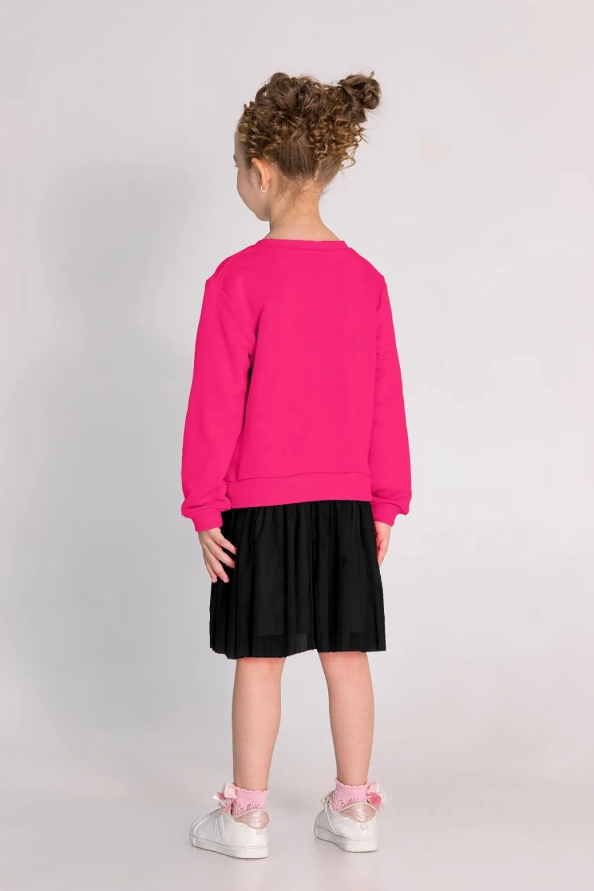 4-8 Yaş Hippie Hello Kız Çocuk Sweat Elbise-Fuşya