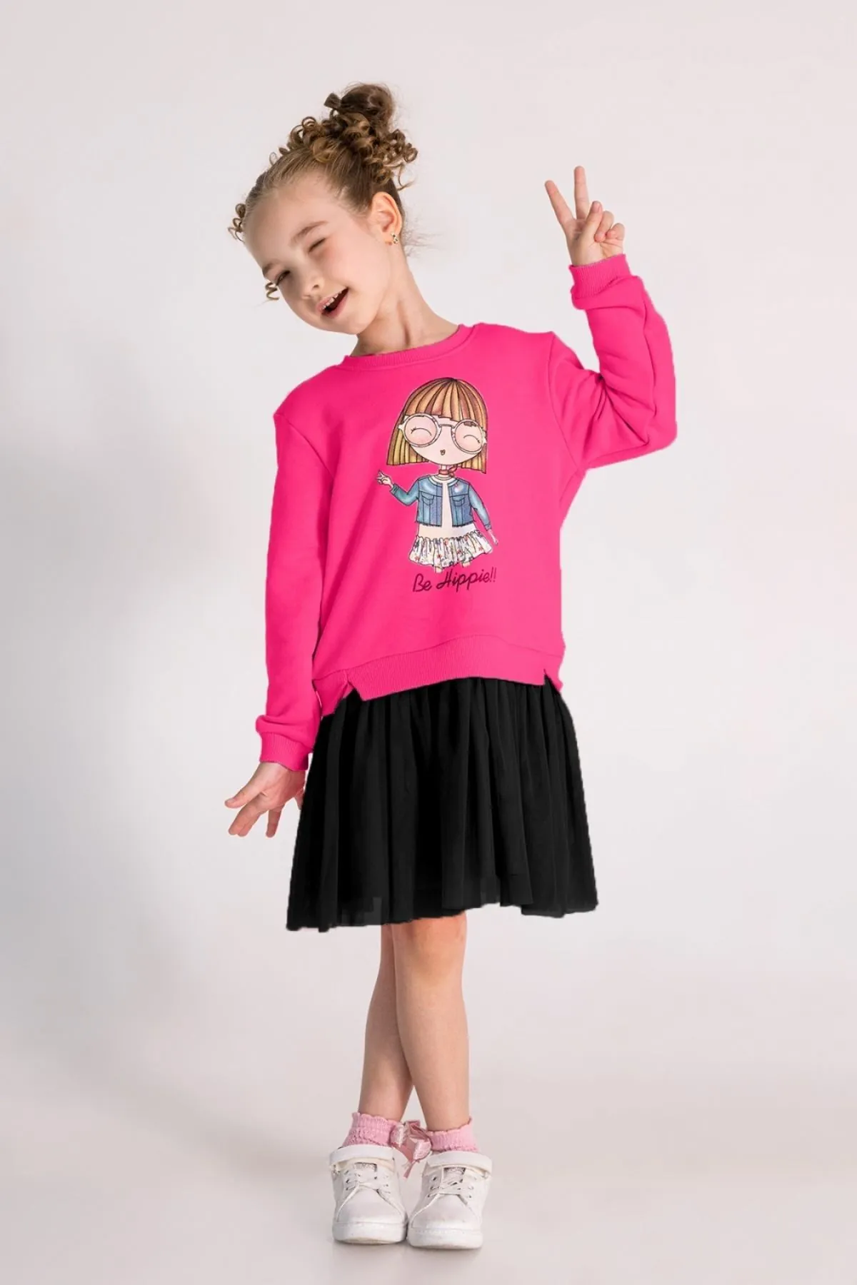 4-8 Yaş Hippie Hello Kız Çocuk Sweat Elbise-Fuşya