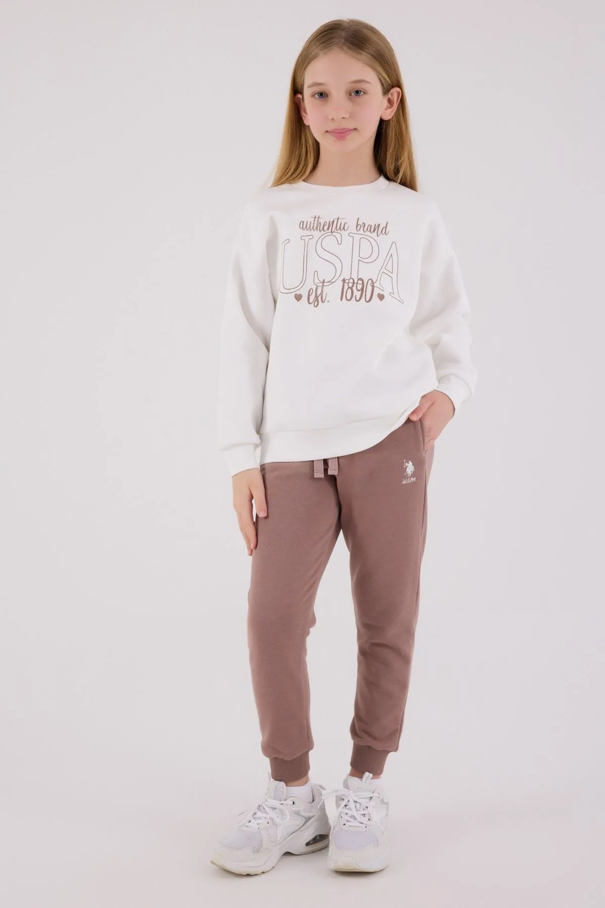 4-15 Yaş Lisanslı Us Polo Assn Kız Çocuk Takım-Ekru