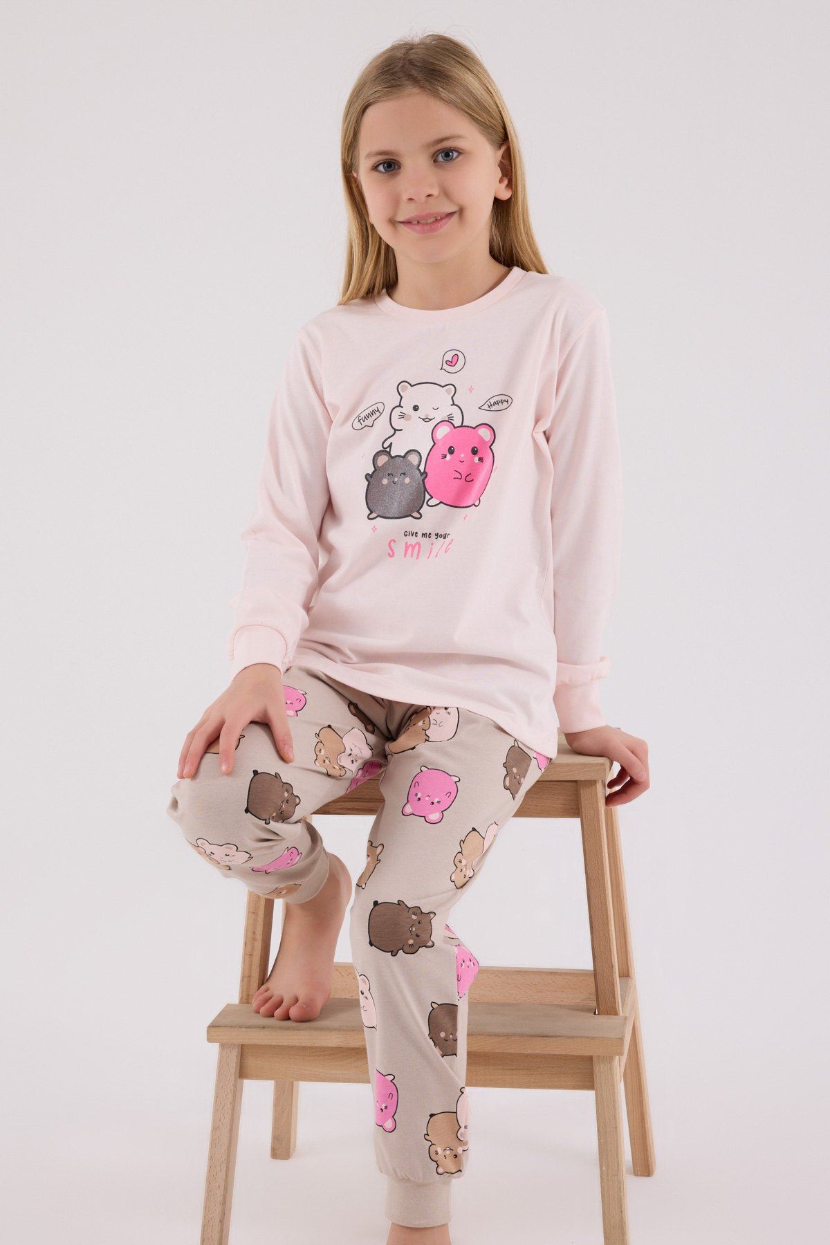 2-8 Yaş Happy Smıle Kız Çocık Takım-Pudra