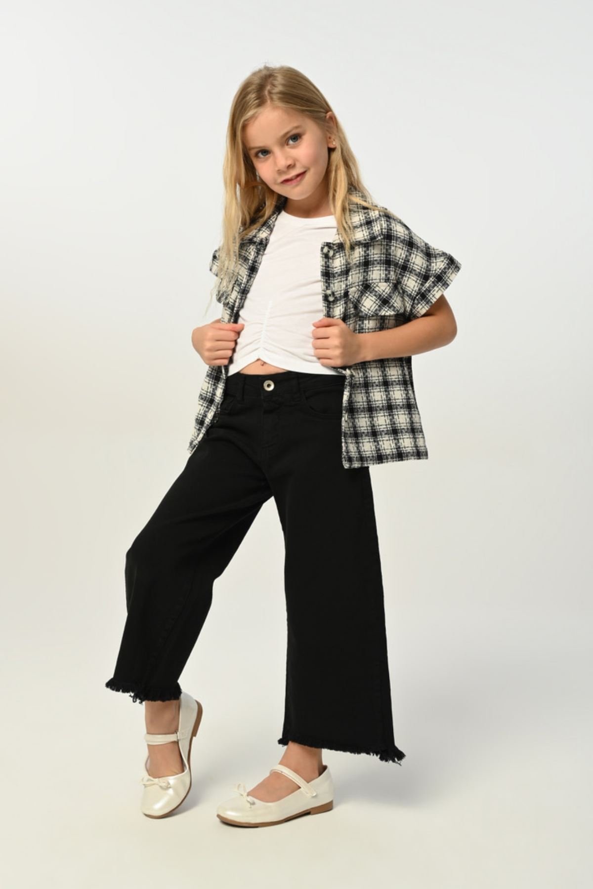 3-8 Yaş Plaid Borçka Kız Çocuk 3'Lü Takım -Siyah
