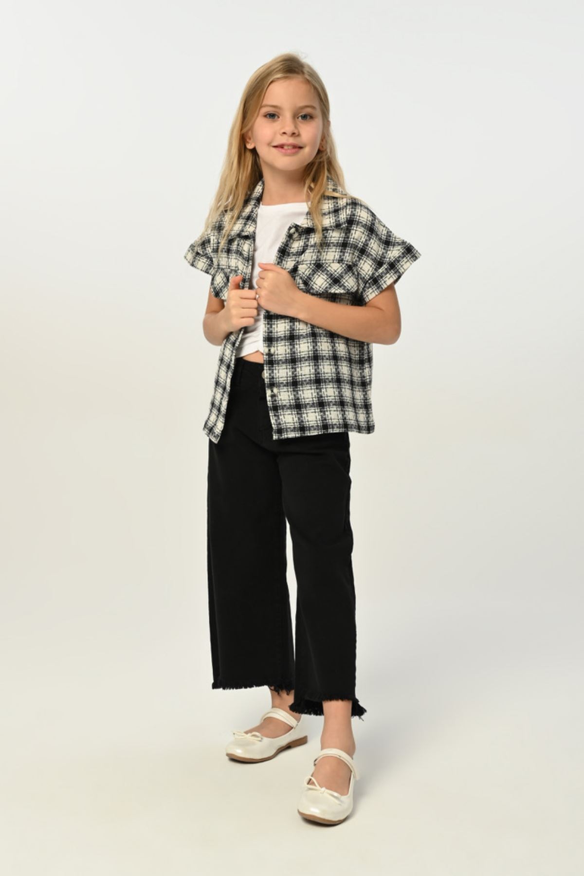 3-8 Yaş Plaid Borçka Kız Çocuk 3'Lü Takım -Siyah